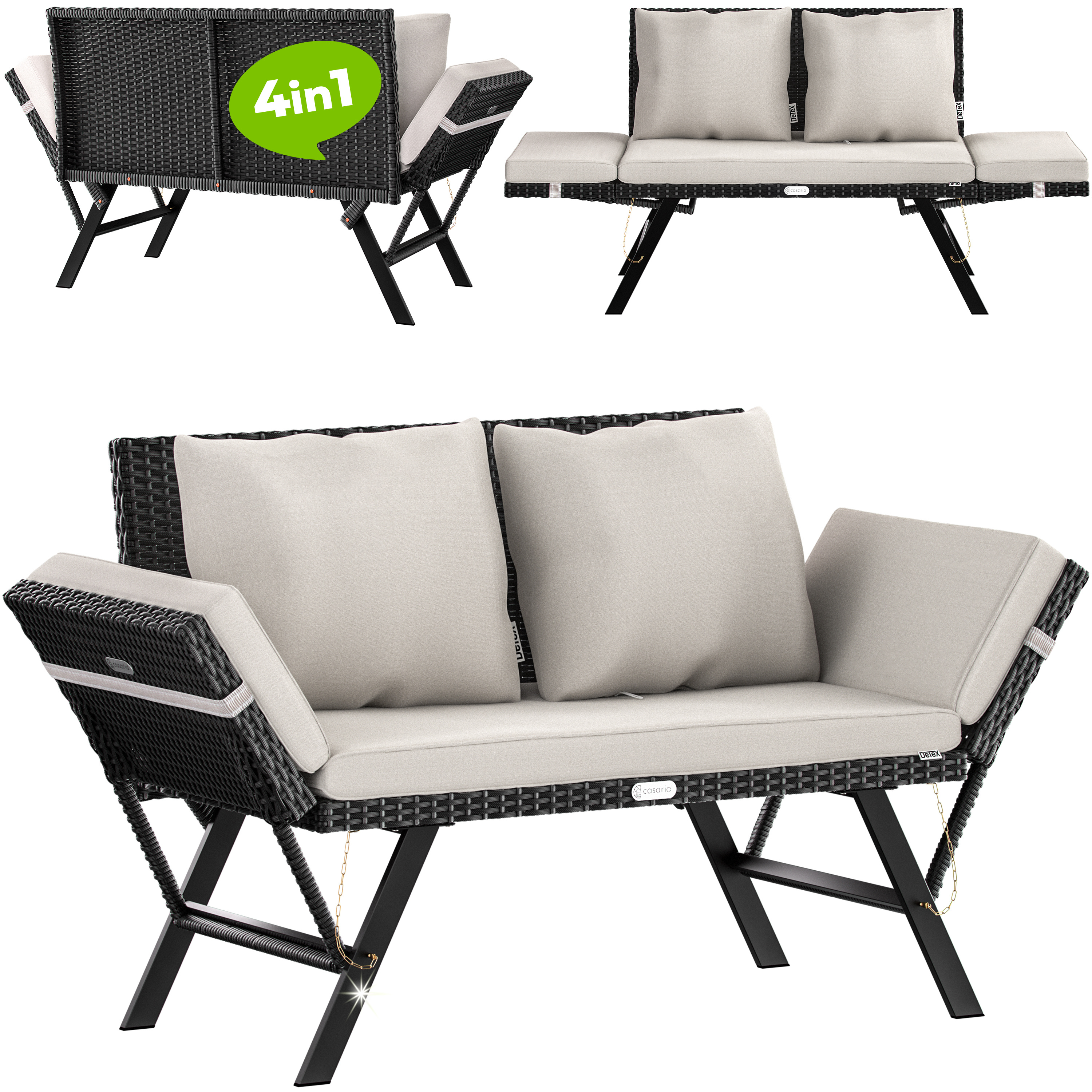 Image of Casaria® Garden Bench With Reclining Function, Weatherproof Poly Rattan, Cushions, Adjustable Armrests, 3-seater Outdoor Sofa For Garden, Terrace, Balcony
