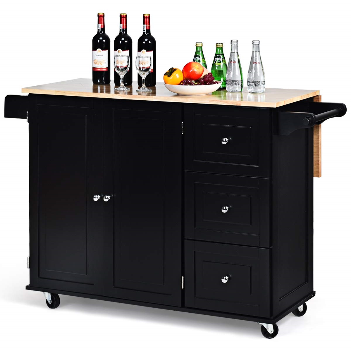 Image of Kitchen Cart On Wheels, Serving Cart With Foldable Worktop & Towel Holder & Drawers, Wooden Kitchen Cabinet, Kitchen Island Cart Roll Bar, 136 X 76 X 91cm (black)
