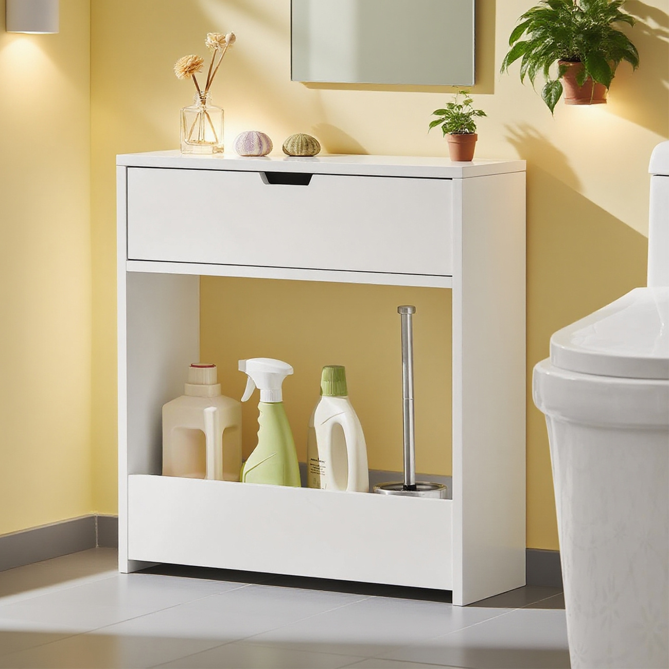 Niche Shelf Narrow Cabinet Bathroom Cabinet With 1 Open Shelf And 1 Door, Bathroom Furniture, White, . 20x60x55cm, Bzr48-w