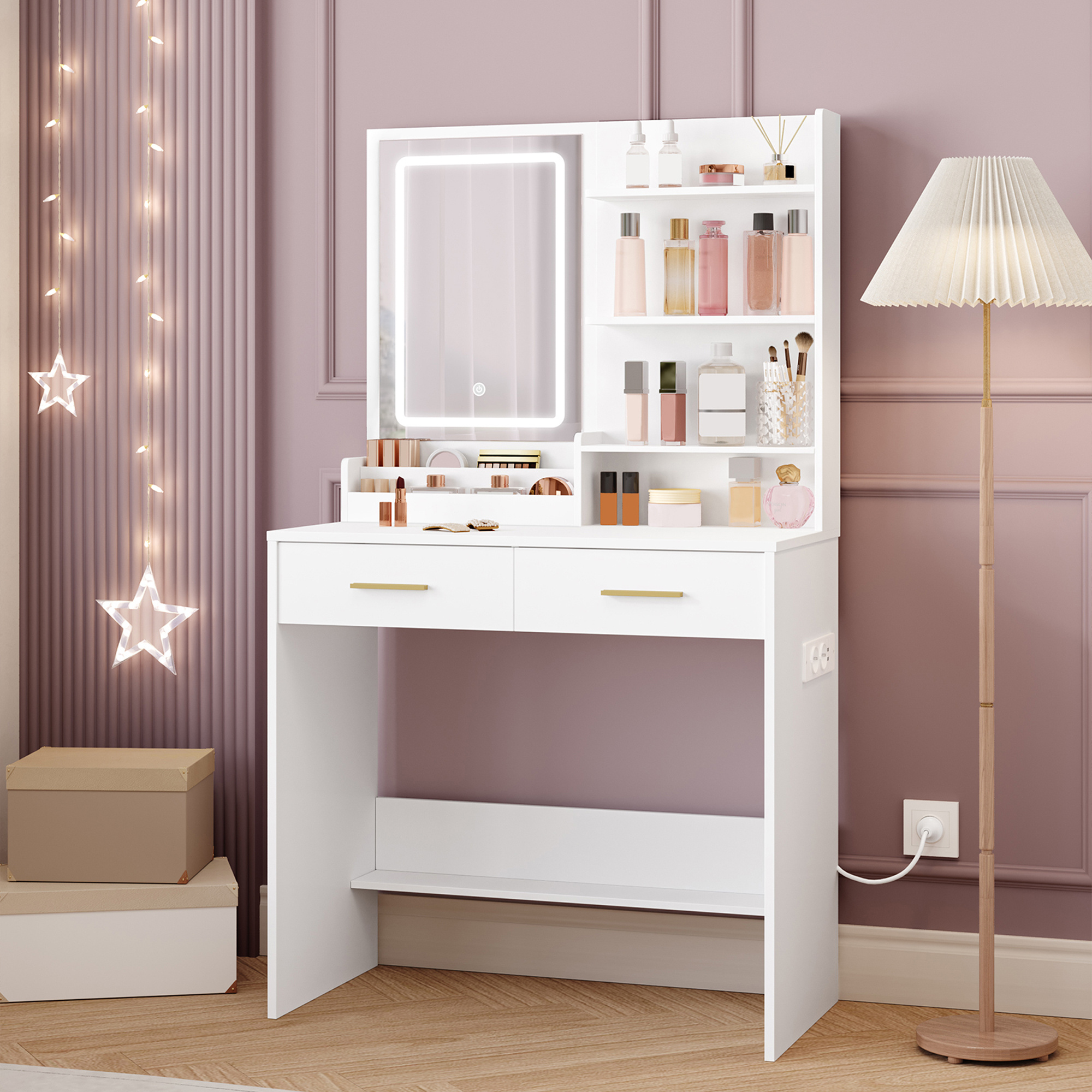 TEMU Toeletta, Tavolo da Trucco con Specchio LED, 2 Porte AC e 2 porte USB, con 2 cassetti e 4 ripiani aperti, per camera da letto, della , stile