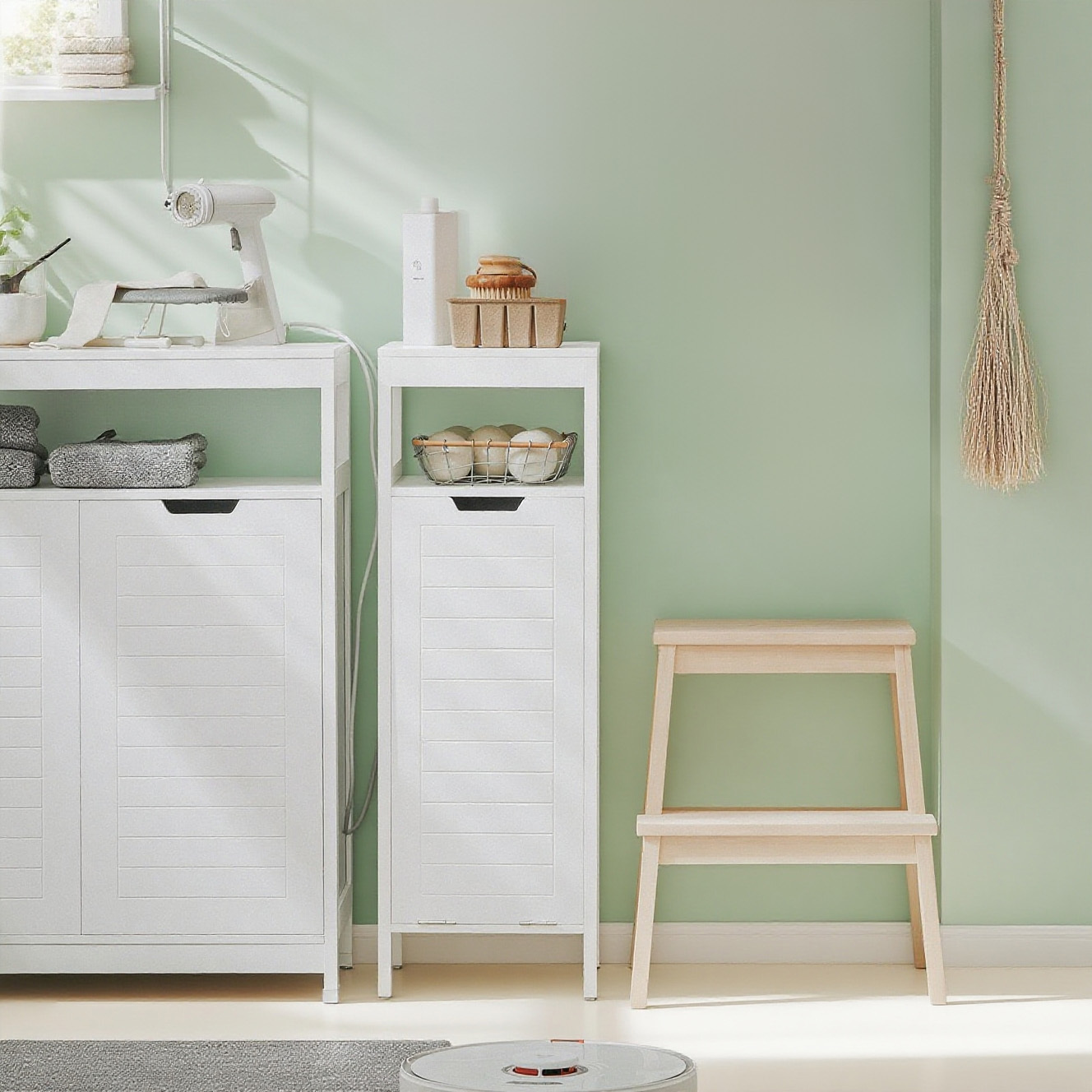 Image of Bathroom Cabinet With Laundry Basket - Compact Bathroom Cabinet With Foldable Laundry Bag - Space- Laundry Cabinet For Bathroom - Wooden Bathroom Furniture, White, 30 X 90 X 30 Cm, Bzr122-w