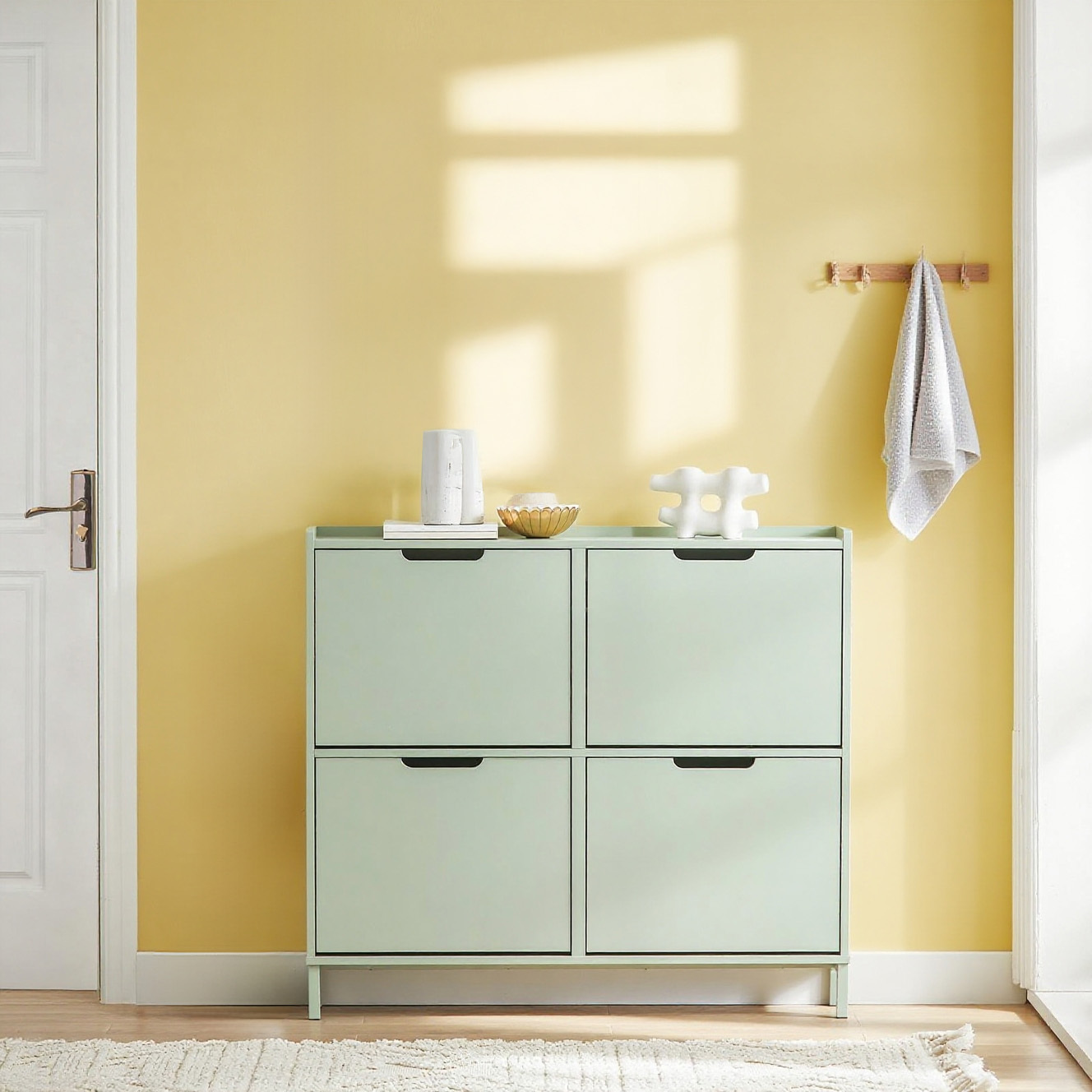 TEMU Space-saving Slim Entryway Shoe Cabinet With 4 Adjustable Flip Doors, Tall And Narrow Wooden Shoe Rack For Hallway, 100x19x91 Cm, Light Green,