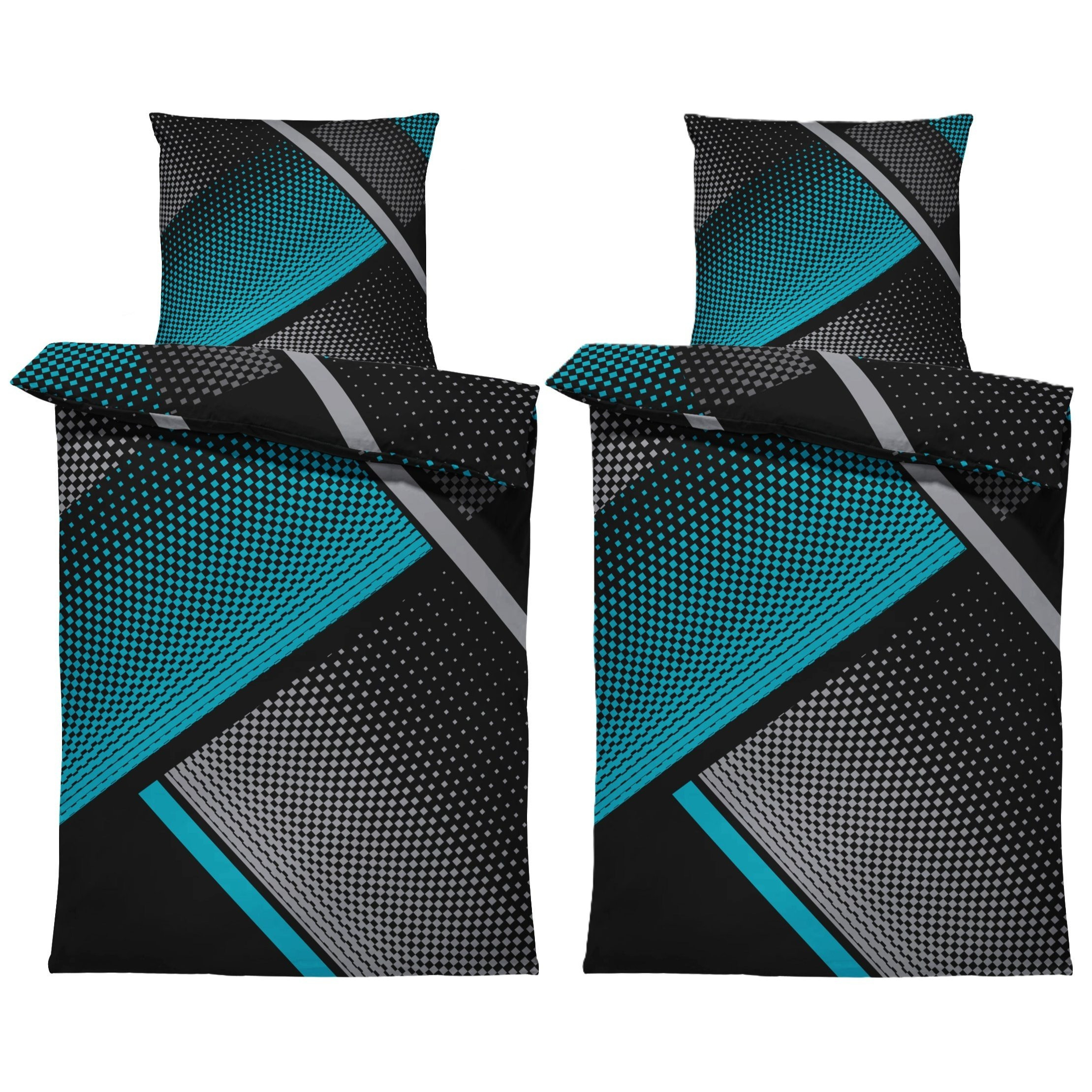 E-shop 4 teilig Partner Bettwäsche 135x200 cm geometrisch grafisch petrol grau schwarz modern Kissenbezug 80x80 cm mit Reißverschluss