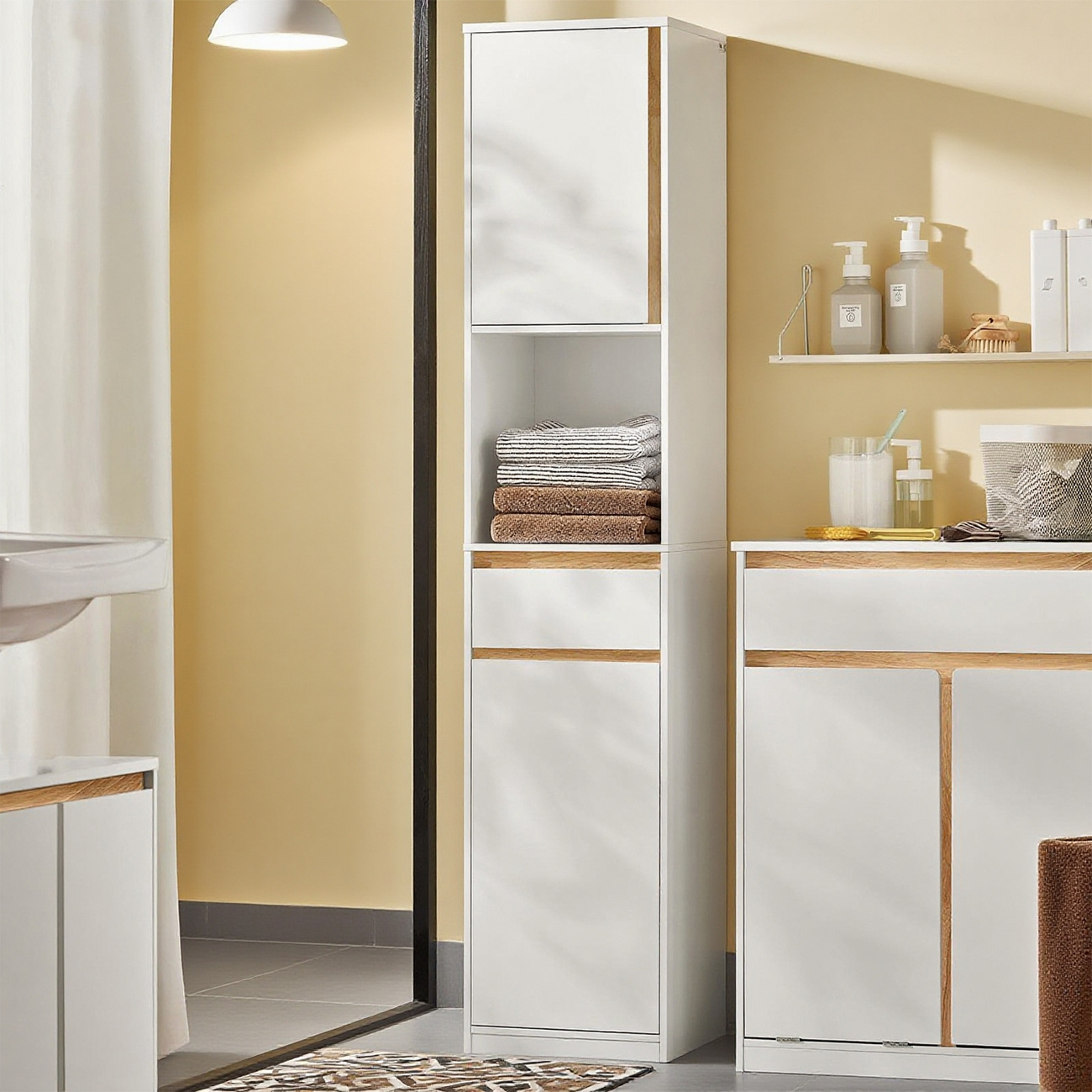 Image of High Cabinet Bathroom Cabinet Narrow Bathroom Cabinet With 2 Doors Bathroom Shelf Bathroom Furniture White Whd . 35x170x33cm Bzr80-w