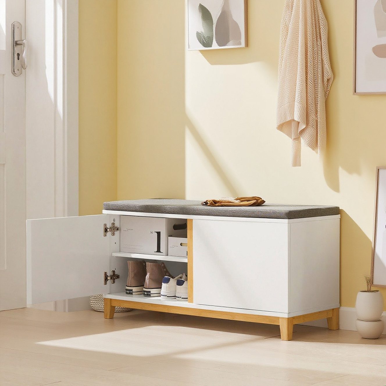 Image of Shoe Bench With Seat, Coat Rack Bench, Storage Bench, Floor Bench, Shoe Chest, Seat Dresser, Shoe Rack With Seat, Narrow Bench, . Dimensions: 90x46x34cm, Wood Material, White Fsr117-w