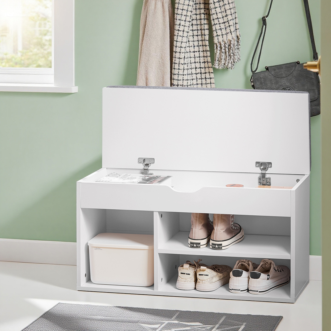 Image of Shoe Bench With Seating Area - Bench With Storage, 120 Kg Load Capacity, 3 Compartments For Hallway, Entrance Area And Living Room, Removable Cushion, 80x46x30 Cm, White, Fsr45-hg