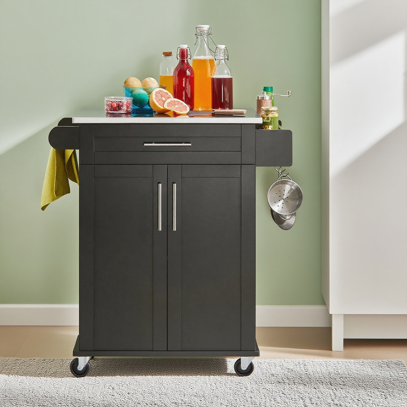 Kitchen Cart Serving Cart Rolling Cart With 2 Doors 1 Drawer 1 Open Shelf Stainless Steel Worktop Towel Holder Spice Rack Indoor Outdoor 83x90x46cm Black
