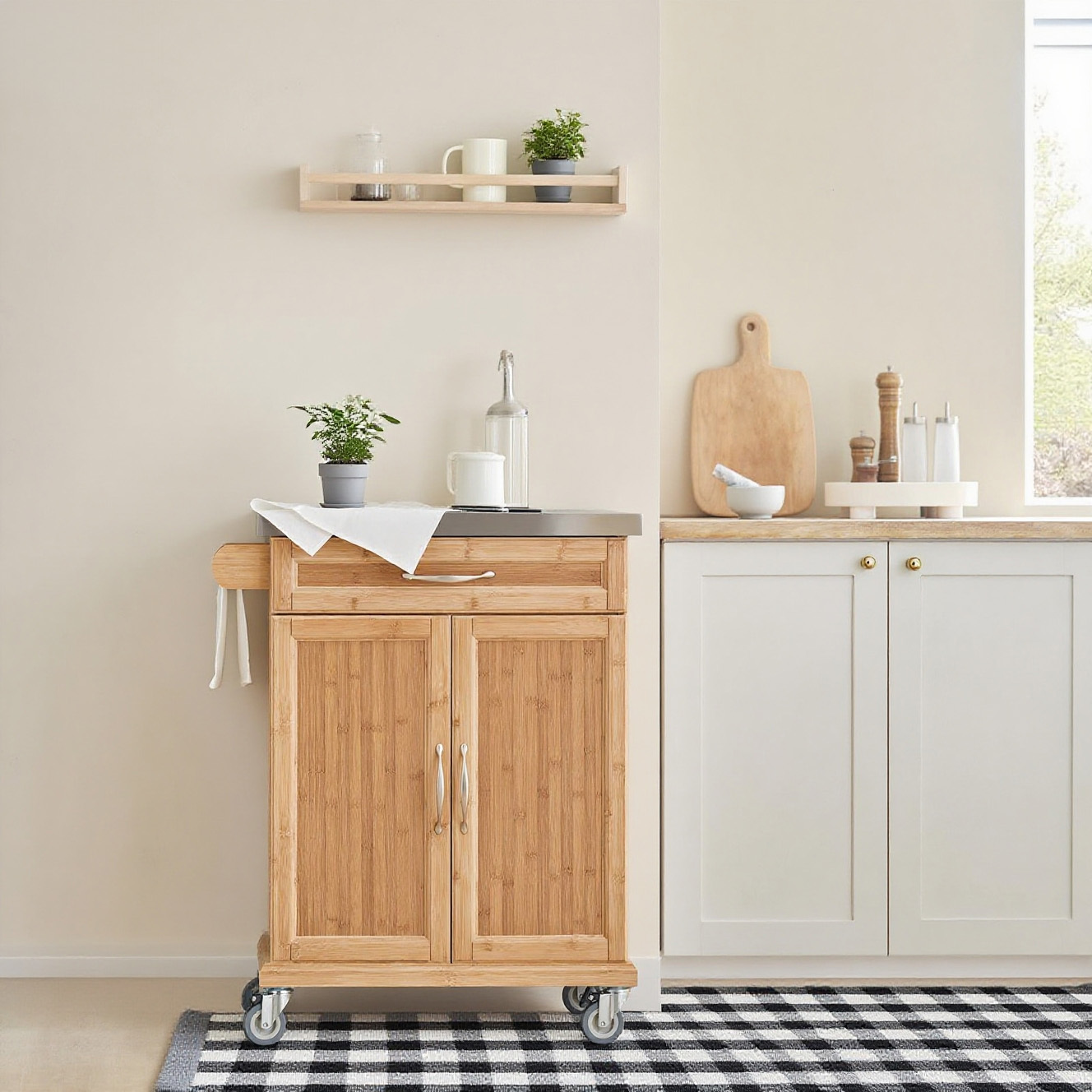 Image of Serving Cart With Worktop, Kitchen Cart On Wheels, Bamboo Kitchen Island, Rolling Cart With Storage, Standing Kitchen Shelf, Grill Table For Kitchen, Living Room, Outdoor – 66x92x46 Cm, Fkw13-n