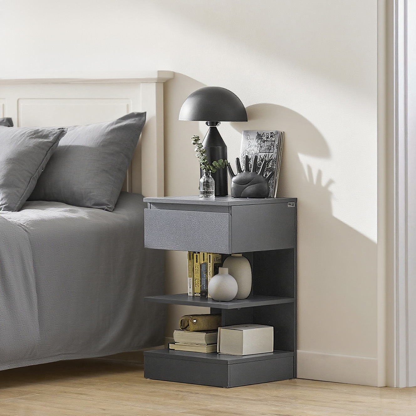 Image of Narrow Nightstand With 1 Drawer And 2 Shelves, Modern Bedside Table, Storage Cabinet For Bedroom, Bedside Table B39 X T39 X H65 Cm Gray Fbt49-hg