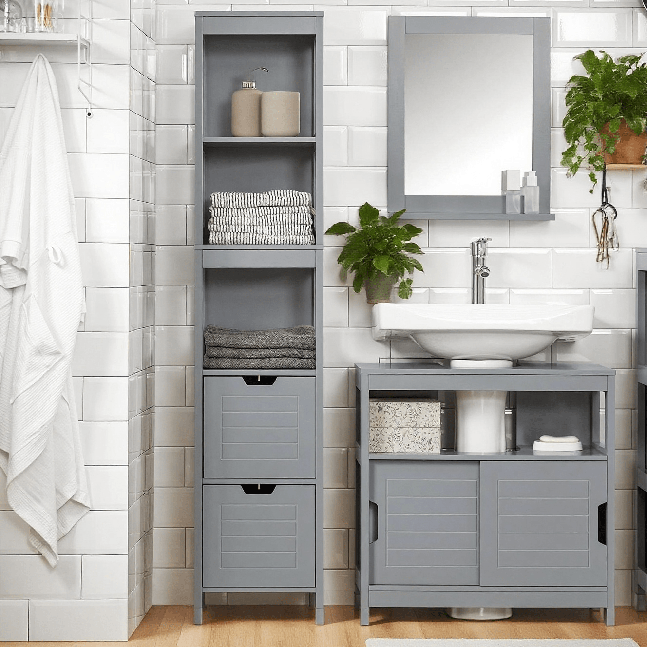 Image of 1pc Of Bathroom Column Cabinet With 4 Compartments And 2 Drawers Modular Small Bathroom Wood, Anti-tip, Space- For Wc And Toilet 30x30x140 - Gsh237-th