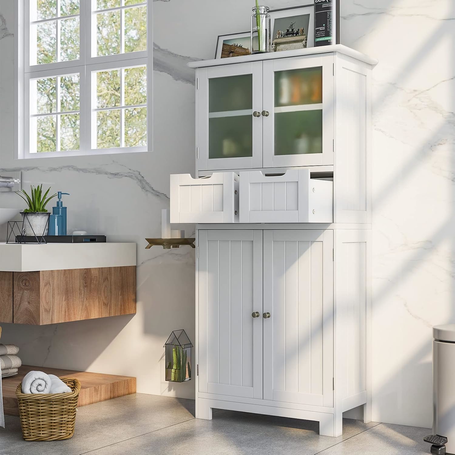 Image of Floor Storage Cabinet W/ , Freestanding Bathroom Cabinet W/ 2 Glass Doors, 2 Drawers & Adjustable Shelves, Multifunctional Storage Organizer Cupboard For Room, White