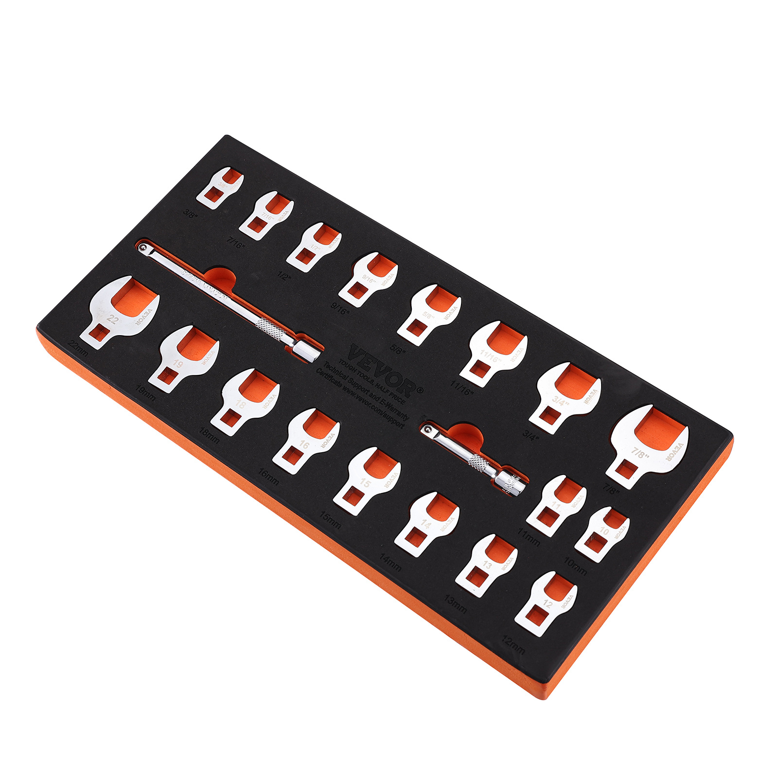 Vevor Crowfoot Wrench Set, 3/8" Drive 20-piece Foot Wrench Set With 2 Extension Bars And Eva Tool Organizer, Sae 3/8"-7/8" And Metric 10-22 Mm, 40cr Material With Mirror Chrome Finish
