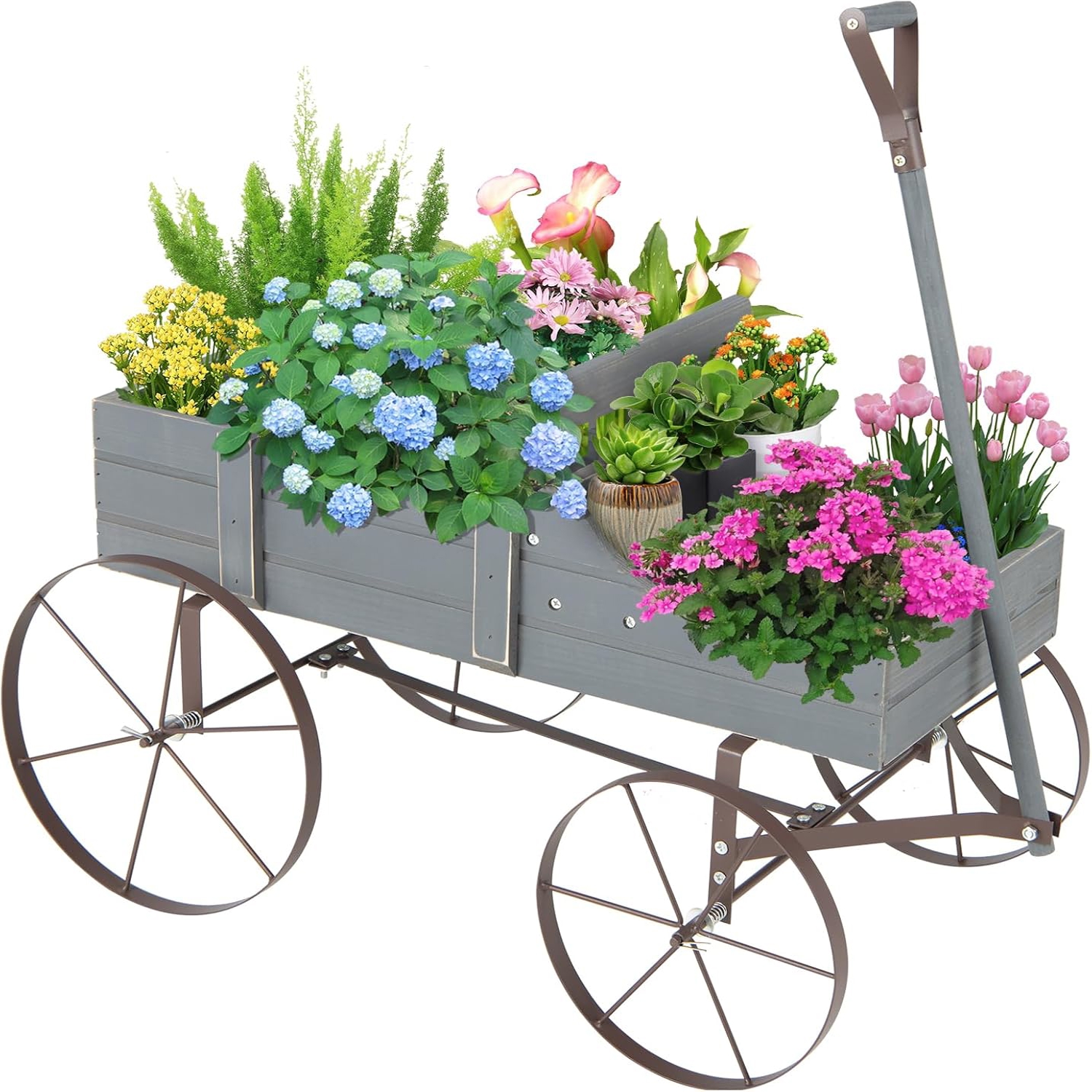 Decorative Planter, Garden Cart With 2 Planting Compartments, Wheels And Handle