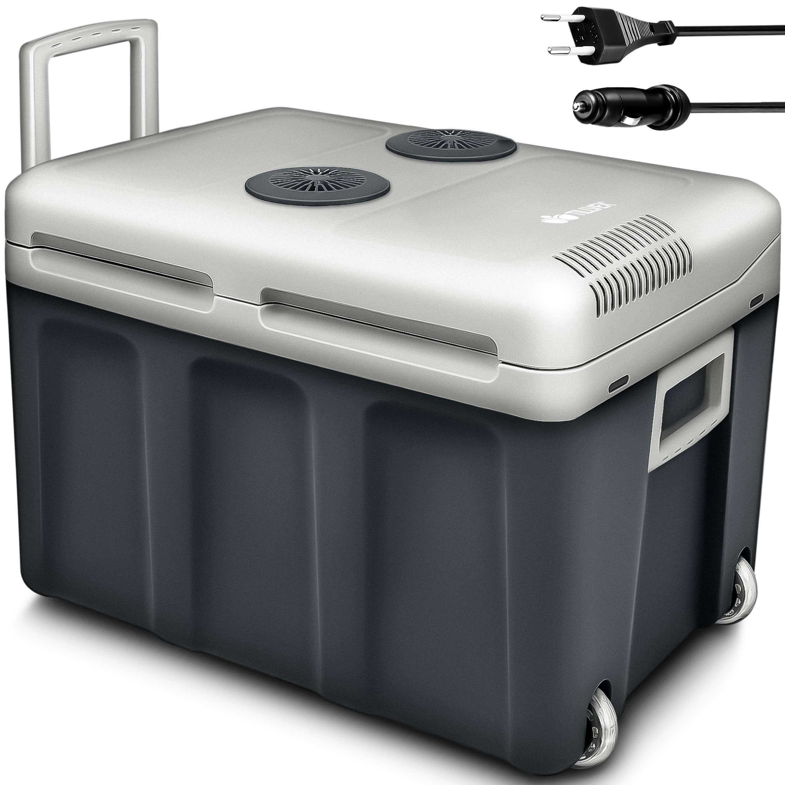 E-shop tillvex® Kühlbox elektrisch 40L mit Rollen | Mini-Kühlschrank 230 V und 12 V für KFZ | Isolierbox kühlt & wärmt | Warmhaltebox mit Tragegriff &
