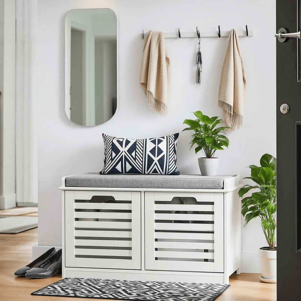 Image of 1pc 1pc Shoe Bench With Storage Shoe Bench Seat Bench Shoe Rack With 2 Doors 2 Levels Upholstered Hallway Entrance Bench 133kg Capacity Wood White 71x35x43cm Sobuy Gts34-jj-x