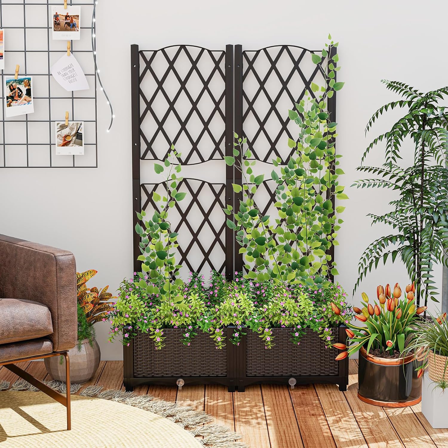 Hochbeet With Trellis, Exterior Planter With Drainage Hole, Diamond Mesh Trellis, Flower Box For Garden