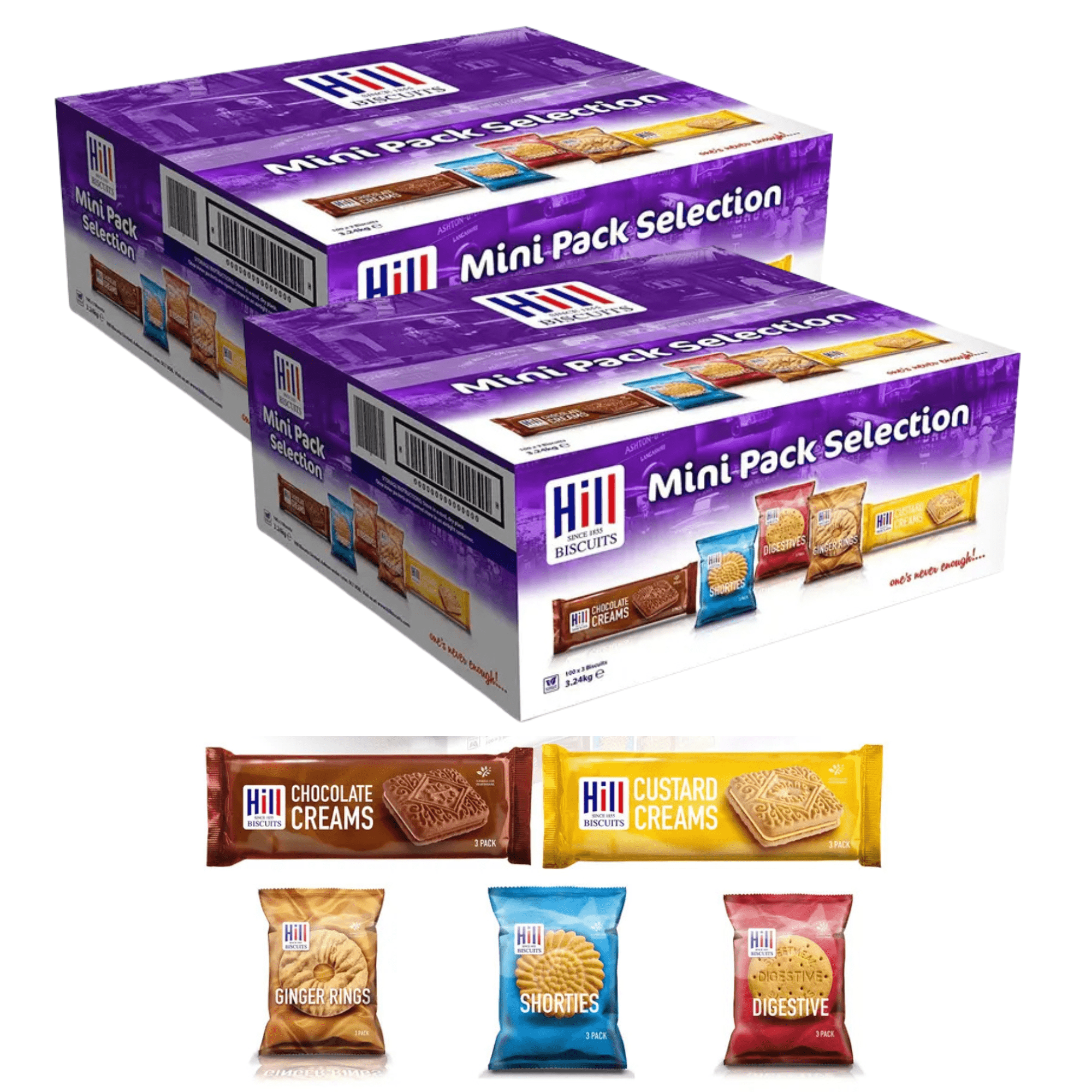 TEMU Hill Biscuits Mini Packs – 200 Triple Packs (2 Boxes Of 100) – Assorted Biscuits Including Chocolate Creams, Custard Creams, Digestives, Ginger
