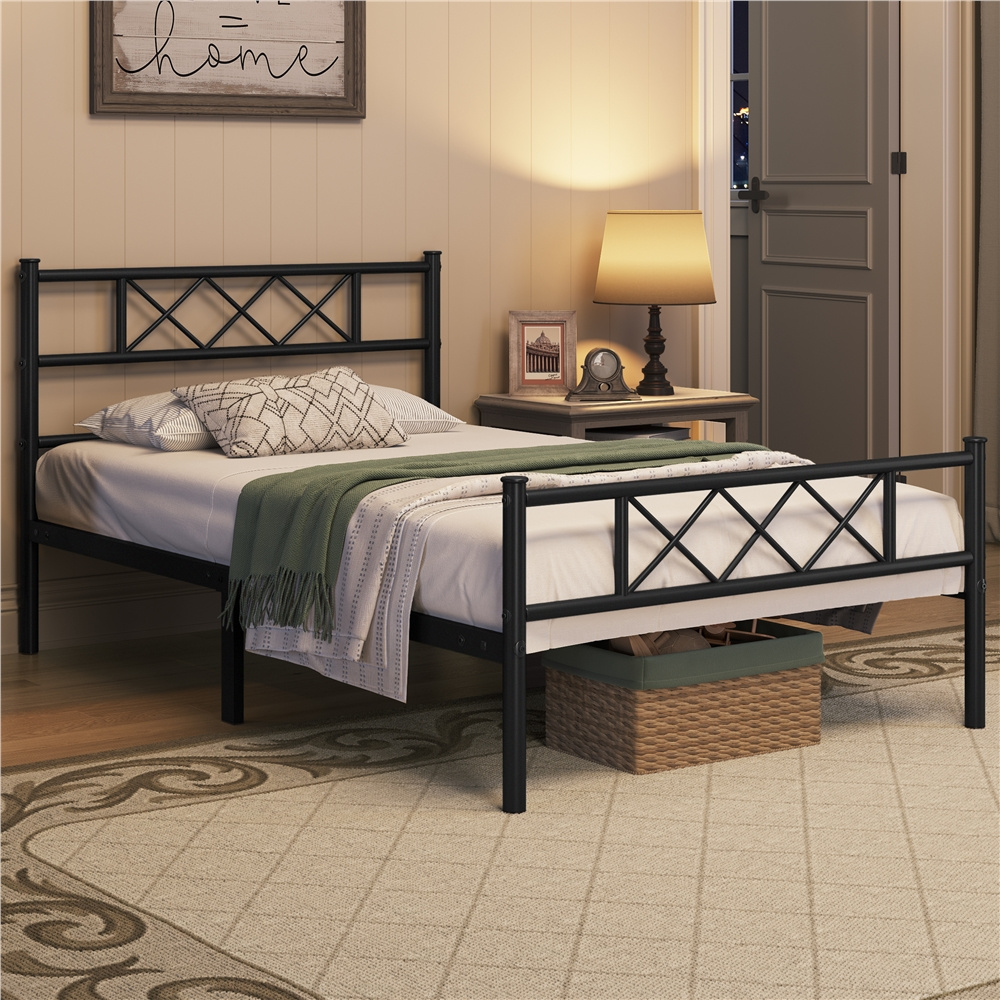 Costoffs Bed Frame, Simple Metal Bed Frame, Metal-Framed Bed Base with Storage, Bed Foundation for Small Space, Easy Assembly Bed Foundation with Cross-design Headboard and Footboard for Bedrooms, Single/Double/king, Black/White/Pink