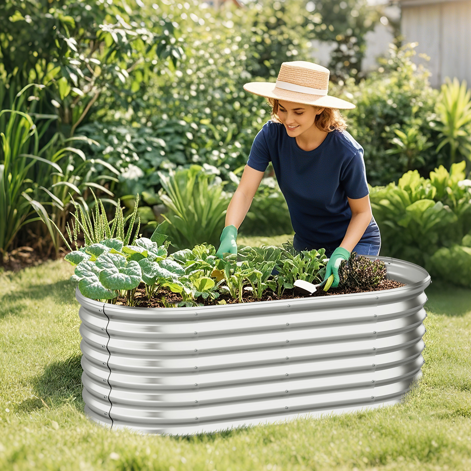 Image of Garden Bunk Bed In Galvanized Metal, Raised Garden Bed With Open Floor, Oval Plant Box For Vegetables