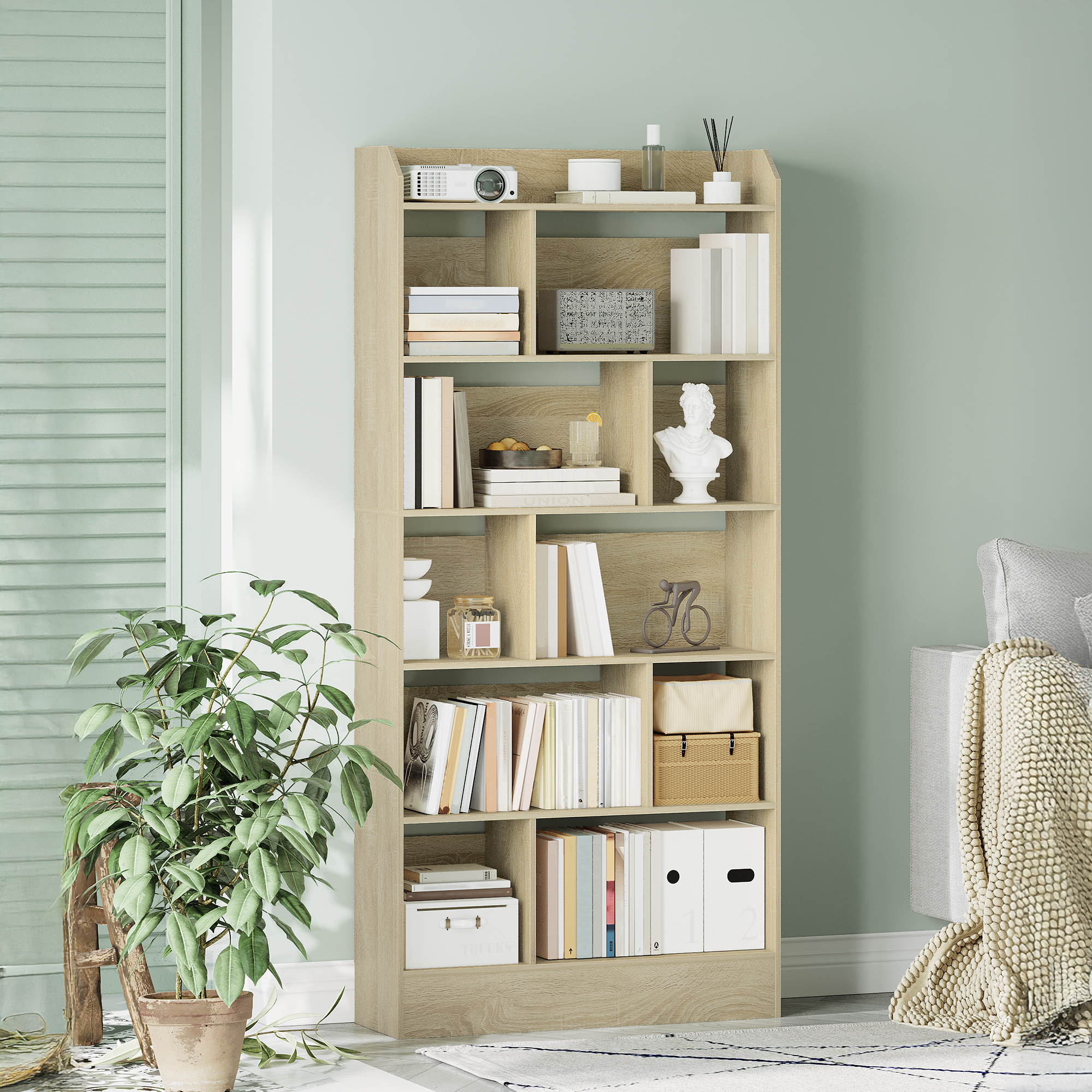 Image of Bookshelf, Bookcase, With 6 Compartments, Storage Shelf, Floor Shelf, For Living Room, Office, Bedroom, 24 X 80 X 170 Cm, Oak Beige.