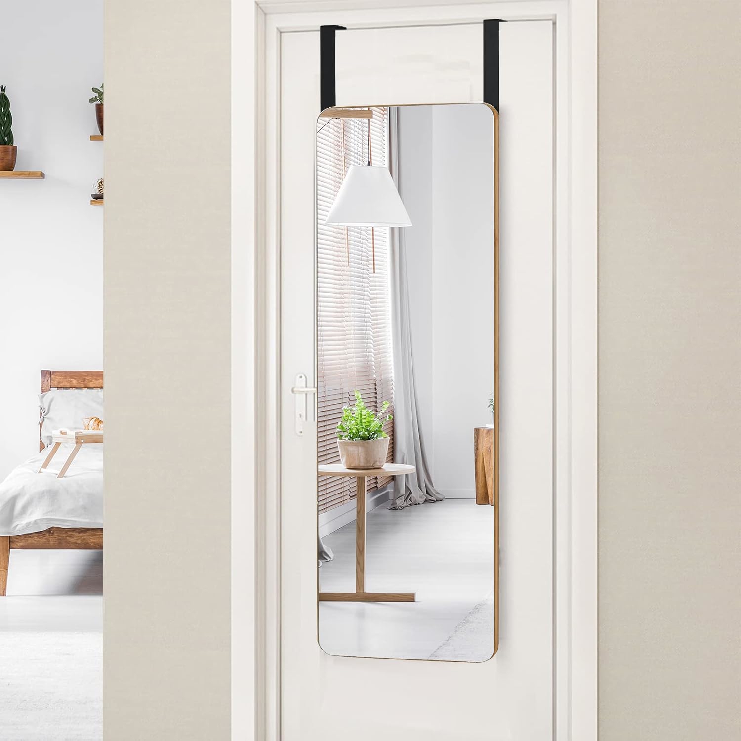 Image of Over The Door Mirror, Rectangle Wall Mounted Mirror W/ Bamboo Frame & Round Corners, Modern Hanging Make Up Vanity Mirror W/ For Hallway Living Room Bedroom Washroom (39.5" X 14")