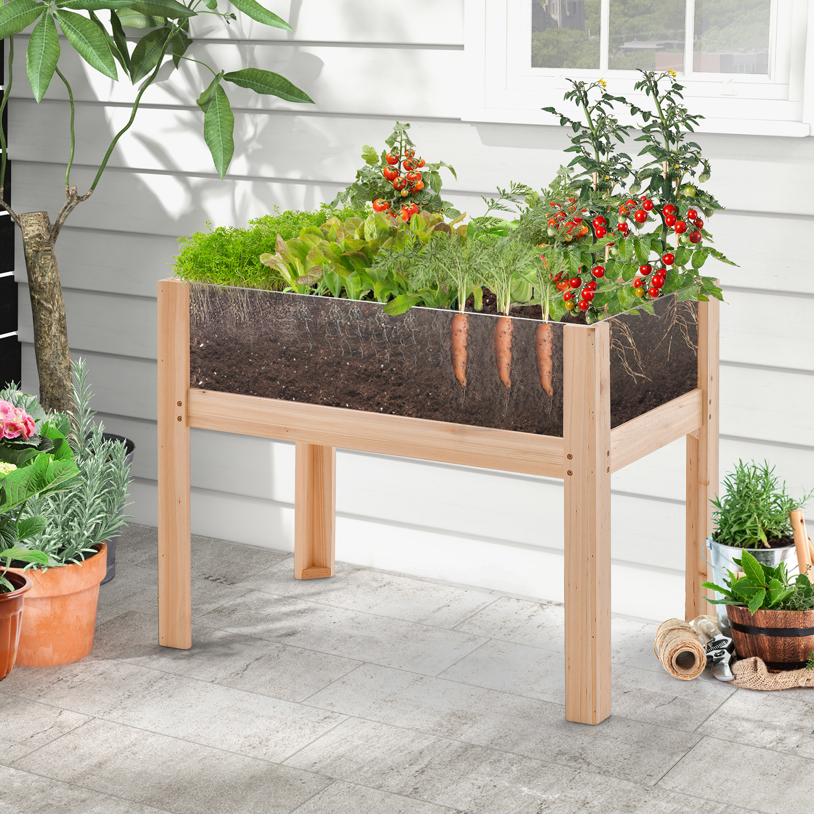 Image of Wooden Garden Raised Flower Bouquet, Flower Bouquet With Legs Drainage Holes And Acrylic Panels
