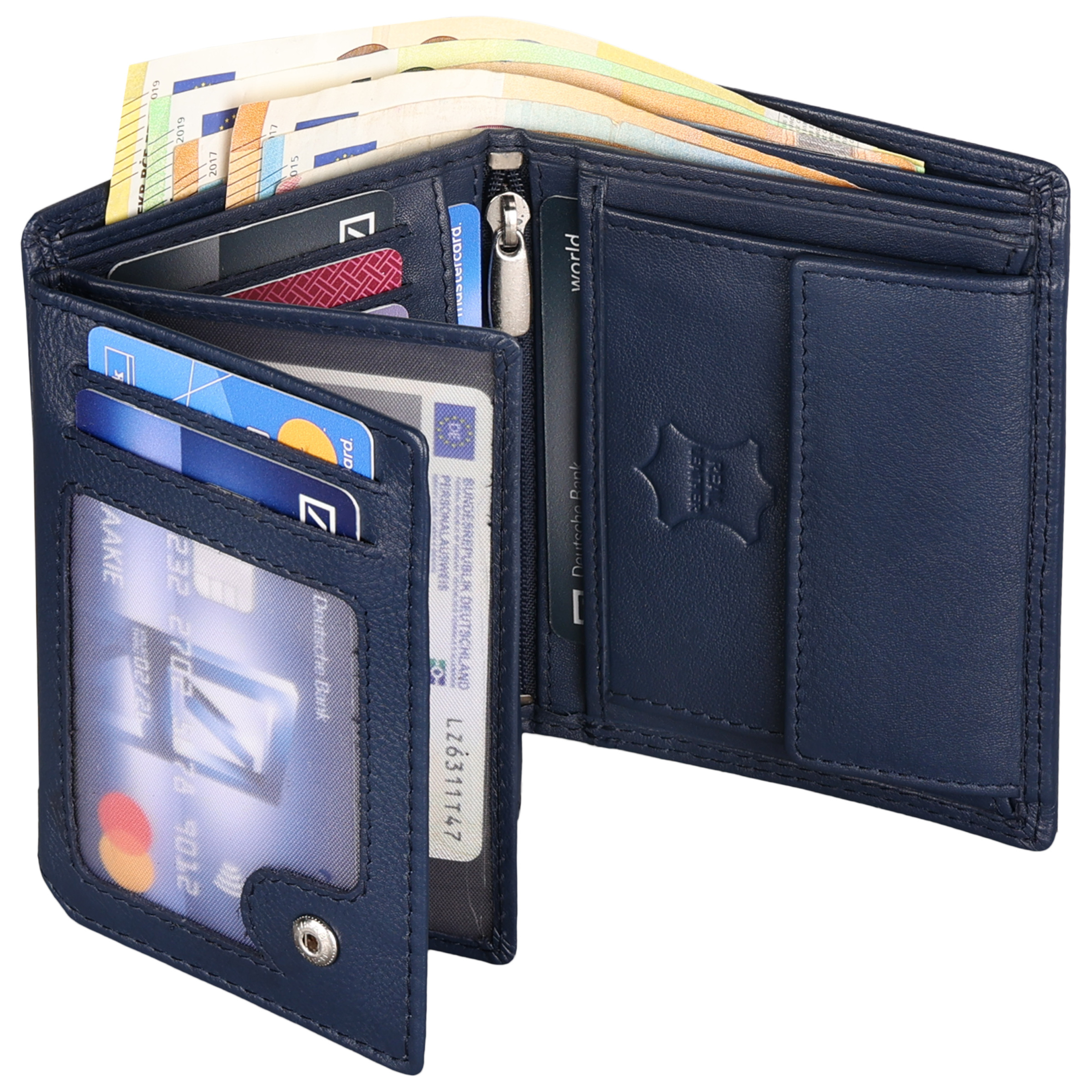 E-shop Leder Geldbörse Herren Portemonnaie RFID 10 Kartenfächer Hochformat Geldbeutel Echtleder Blau Maße : 12 x 9,5 x 2 cm