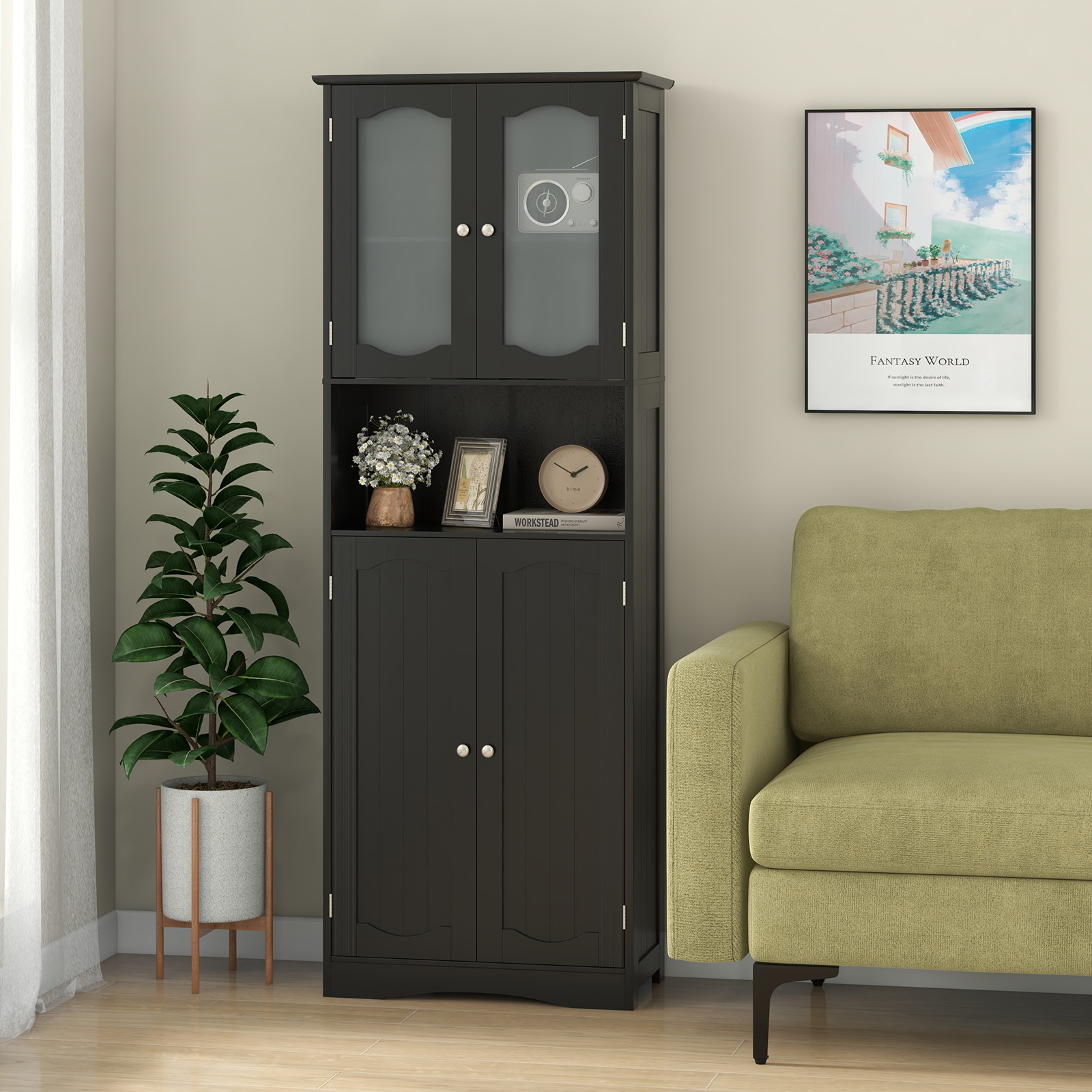 Image of 64.5" Tall Bathroom Storage Cabinet, Freestanding Linen Cabinet With Frost Glass Doors And Shelves, Kitchen Pantry Cabinet Or Living Room, Dining Room, Office, Black