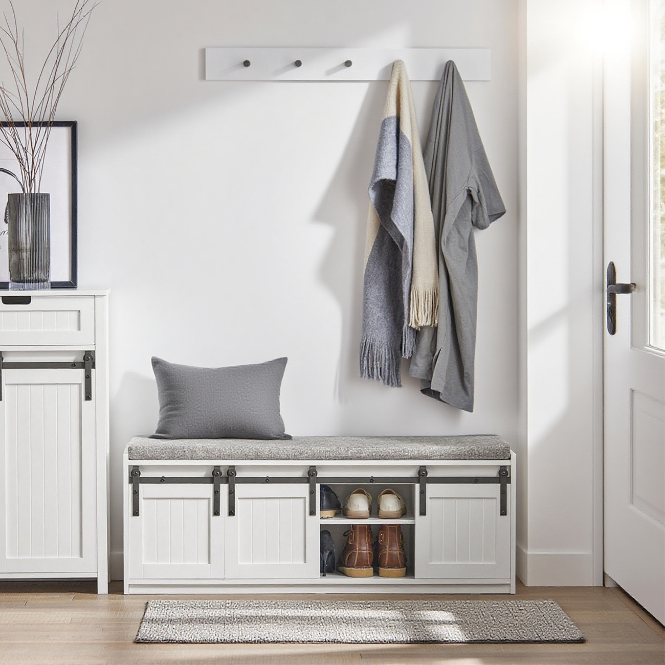 Image of Shoe Bench With Seat, Storage Bench With Sliding Doors, Shoe Chest, Seat Dresser, Narrow Shoe Rack, W120x D45x H35cm, White, Wood Material Fsr133-w Sobuy