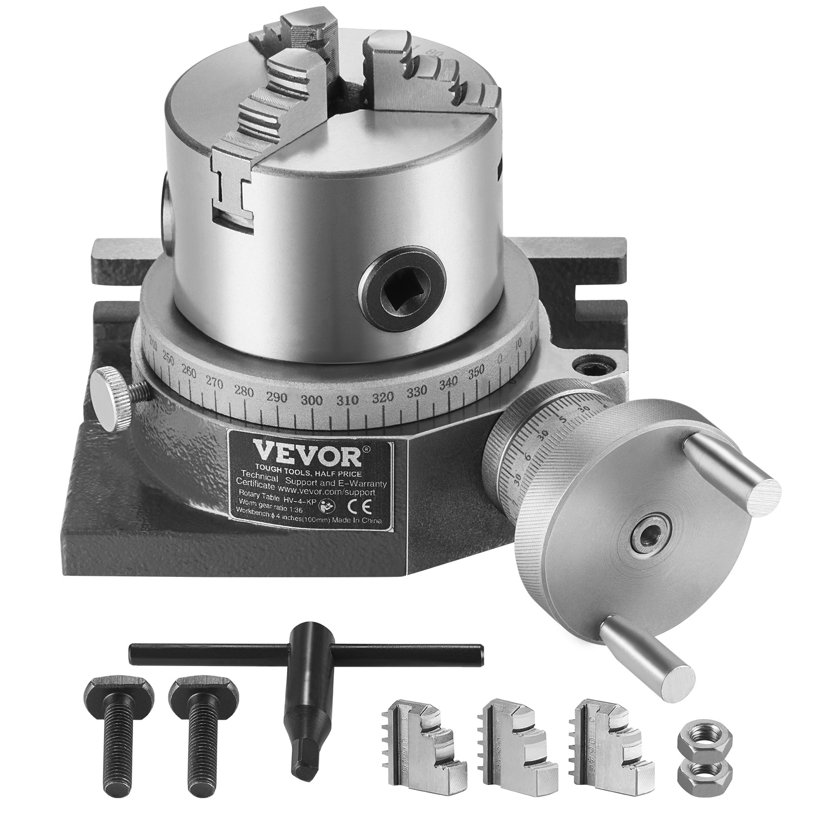 Vevor Rotary Table For Milling Machines, 100 Mm, Horizontal Vertical Model Precision Milling Rotary Table, With 80 Mm 3-jaw M10 T-bolts Nuts, For Milling Engineering Indexing Tools