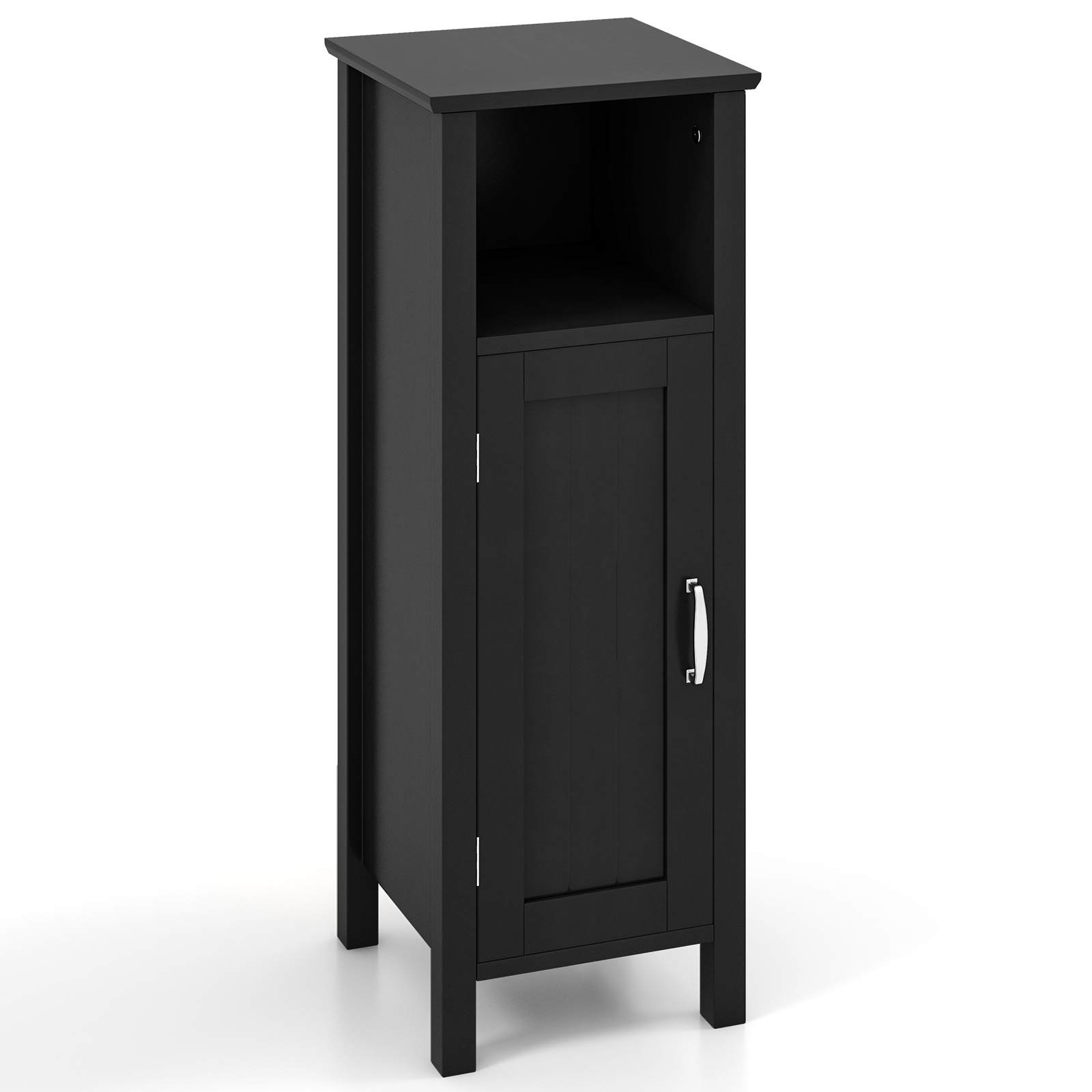 Image of Bathroom Floor Cabinet, Freestanding Single Door Storage Cabinet W / Open Compartment & Adjustable Shelf, Corner Narrow Storage Organizer For Bathroom, Living Room, Study, Black