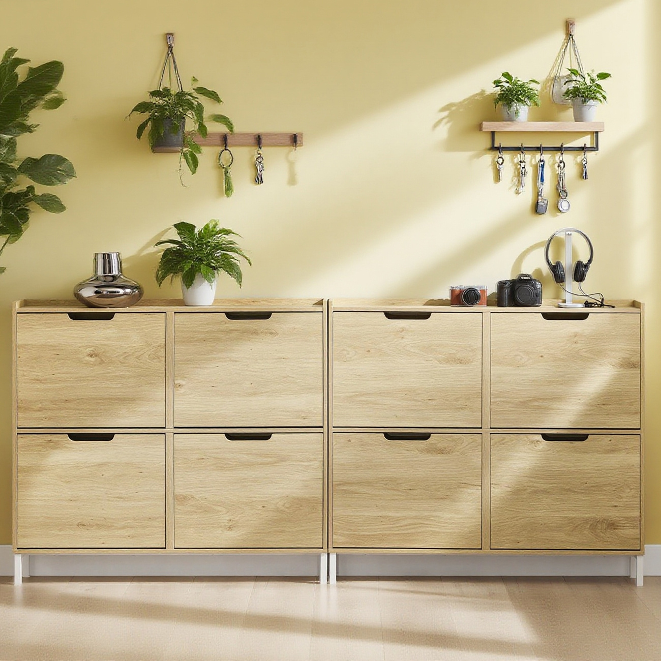 Image of Narrow Shoe Cabinet With 4 Flaps, Space- Shoe Rack, Tall Dresser With 4 Shelves, Closed Shoe Organizer, Hallway Cabinet For Entryway, Hall, Wardrobe, 100x91x19cm, Natural Fsr100-n/fsr197-w