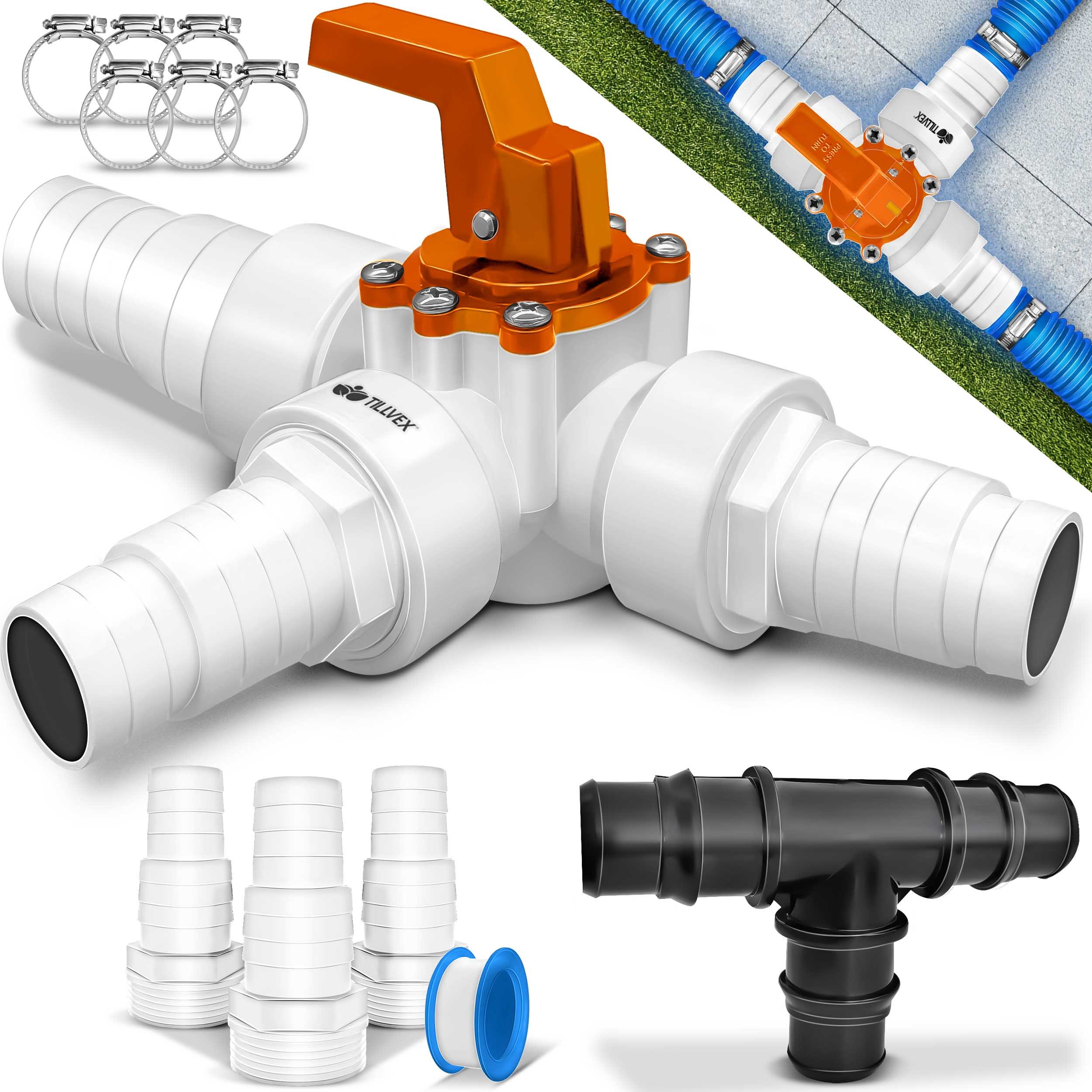 Tillvex® Bypass Set Pool 12pcs Ø 32/38 Mm Connection 3-way Valve & Abs Adapter 6x Hose Clamps & 8m Insulation Tape For Sand Filter Systems Pool Heating Solar Heating