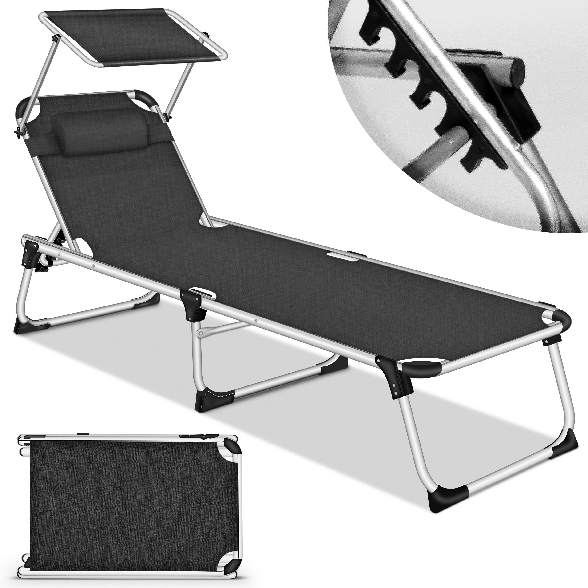 Tillvex® Opvouwbare Zonnebank Buiten met Luifel en Hoofdsteun 212X60Cm | Tuin Relaxstoel Opvouwbaar | Strandlounge met Verstelbare Rugleuning | Aluminium Buitenlounge