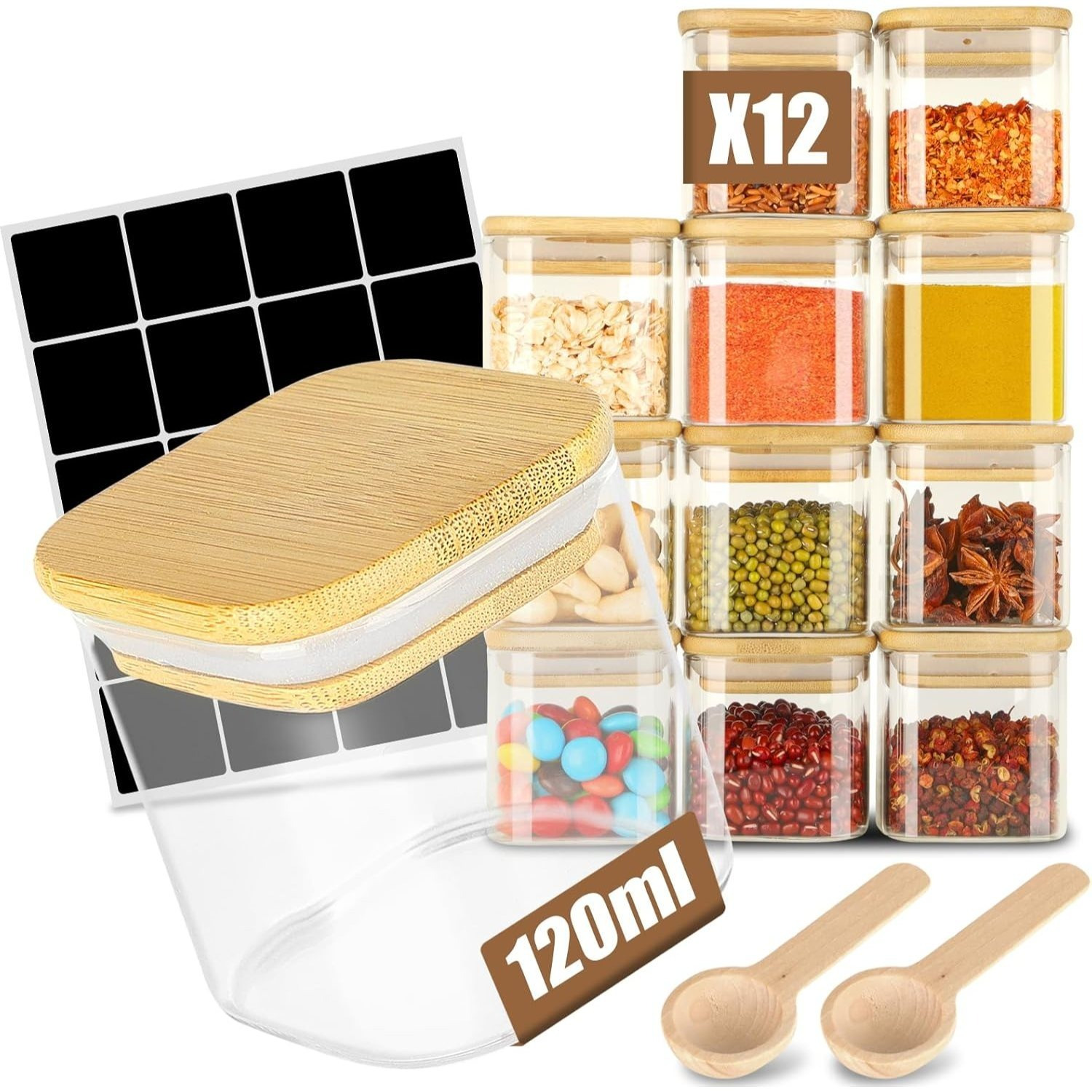 E-shop 12-teiliges Glas-Aufbewahrungsglas-Set, 120 ml Gewürzglas, quadratischer Holzdeckel, verschließbares Aufbewahrungsglas, Gewürzbehälter, mit