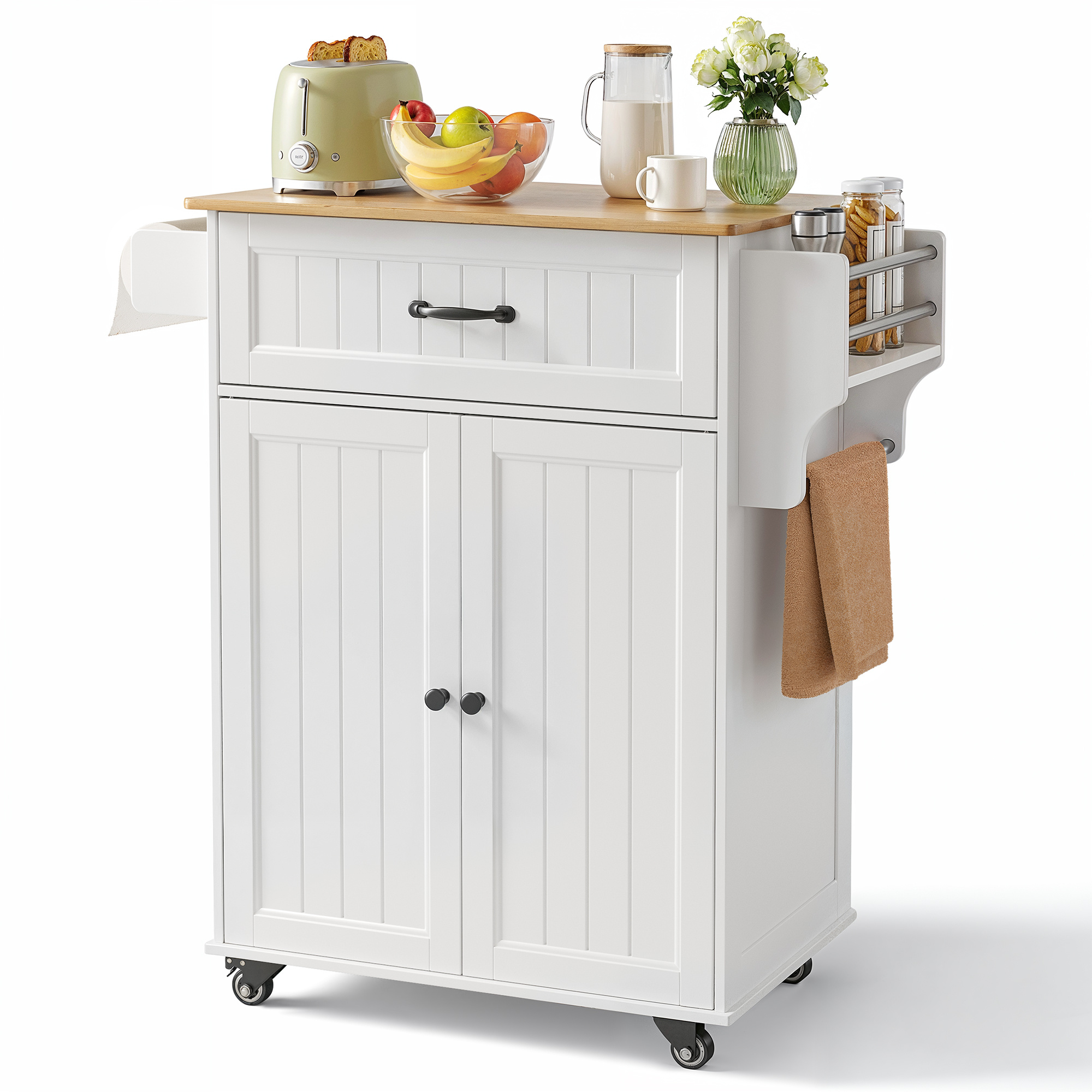 Kitchen Cart 45x65x90 Cm | With Wooden Worktop & Drawer | Mobile With 4 Wheels | For Kitchen/dining Room/garden | White