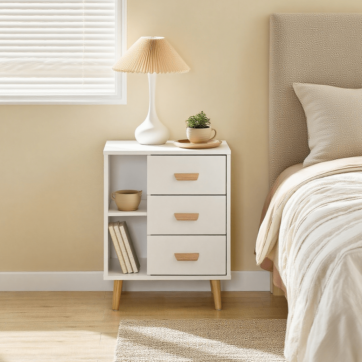 TEMU Table de Chevet avec 3 tiroirs et 2 étagères, Table d'appoint pour Chambre à Coucher - Meuble de Rangement Moderne L48 x P40 x H60 cm Blanc