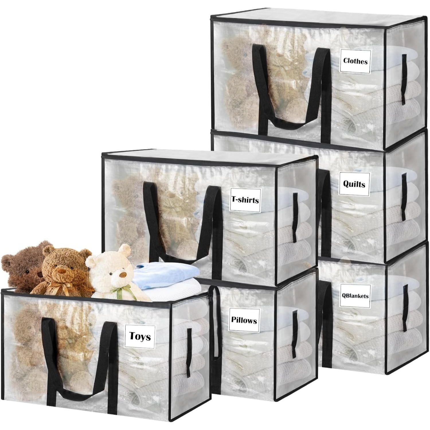 100L Sac de rangement Grand tissé, 6 sacs de déménagement imperméables transparents avec fermeture éclair et poignée, alternative aux boîtes de déménagement, sacs de déménagement pour couettes