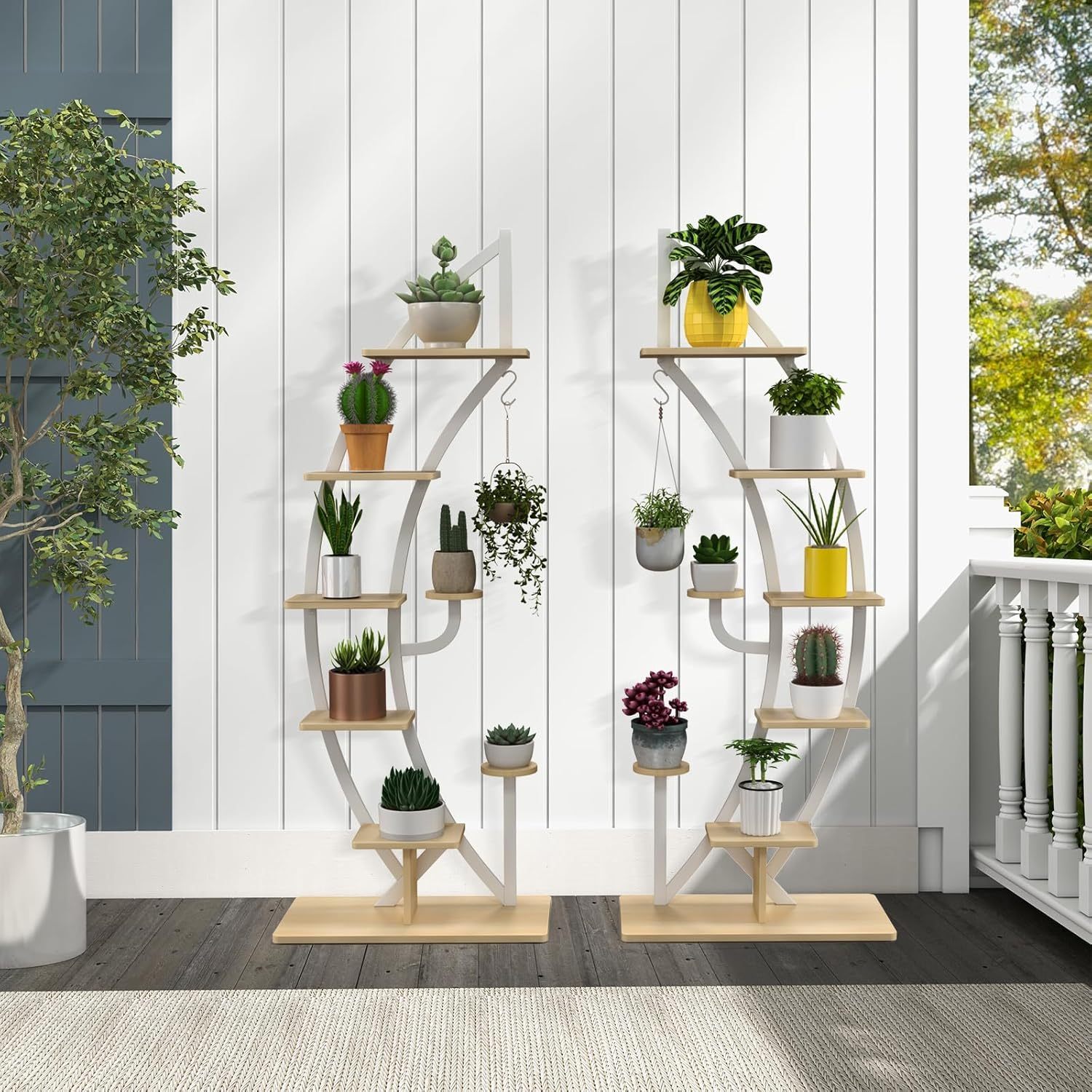 Image of 2pcs Of 7 Tier Tall Metal Plant Stand Rack, Curved Half Moon Shape Ladder Planter Shelf With Top Hook
