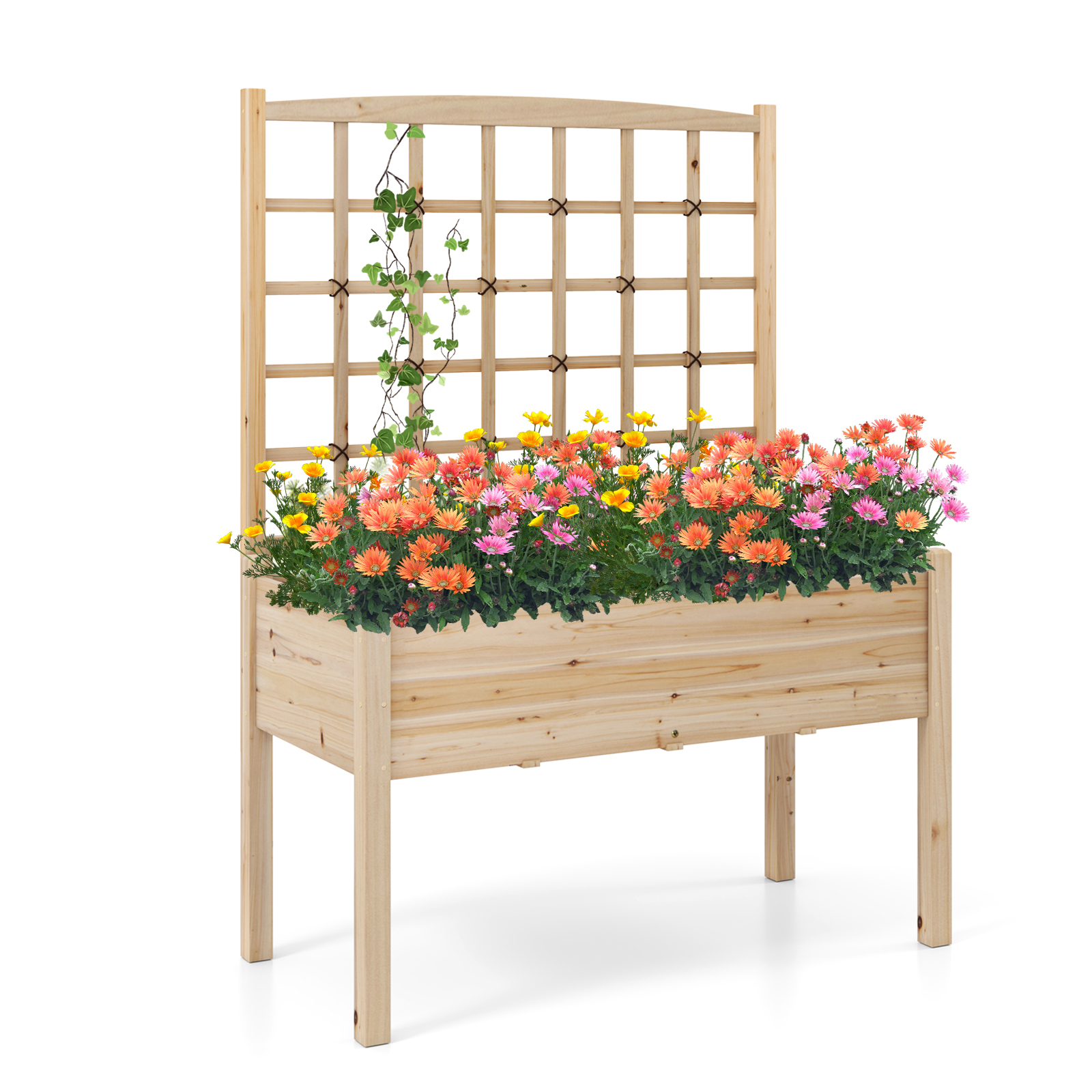Raised Garden Bed With Trellis, Wooden Elevated Planter Box With Legs, Drainage Holes
