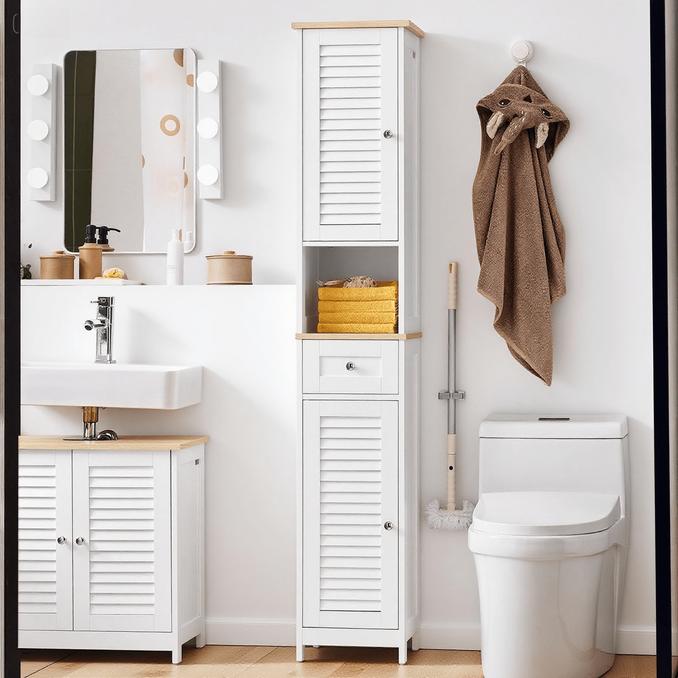 TEMU 1 stuks Badkamer Kolom Meubel met 2 Deuren, 1 Lade en Open Nis Opbergmeubel voor Badkamer WC Toilet of Keuken 32X170X30Cm - GSH347-XO