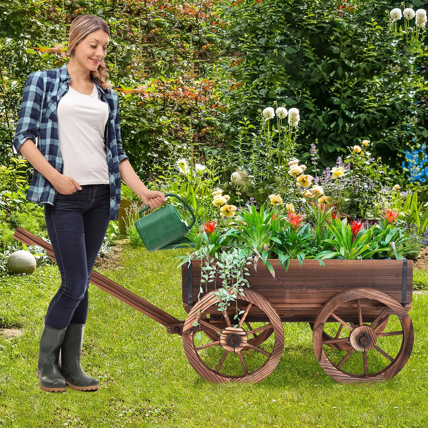Wooden Pot, Pot With Adjustable Handle And Drainage Hole, For Farm Yard Garden, With 4 Wheels