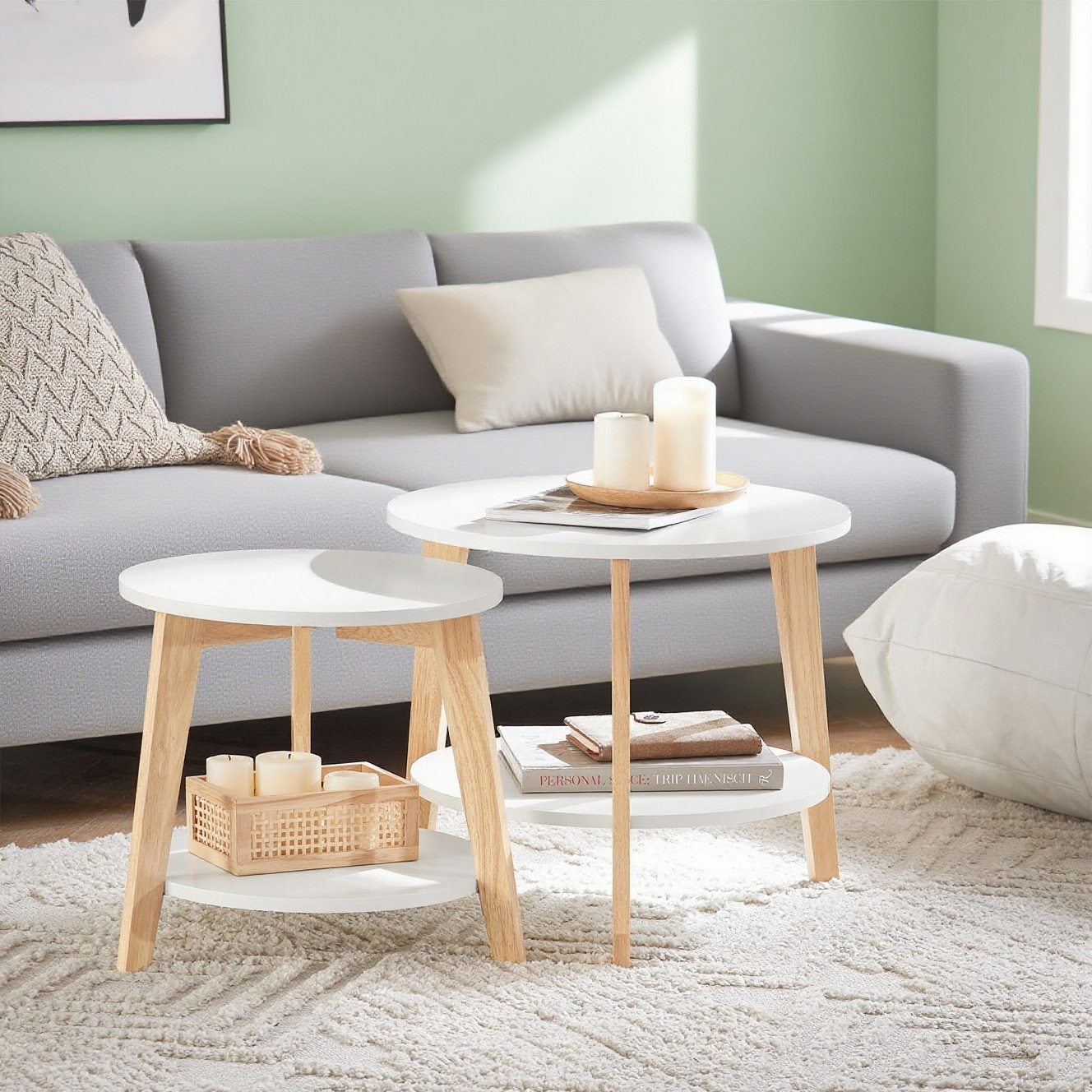 TEMU Set de 2-Blanc et Bois Ronde Table d'Appoint Table Basse Ronde Guéridon SoBuy FBT75-W