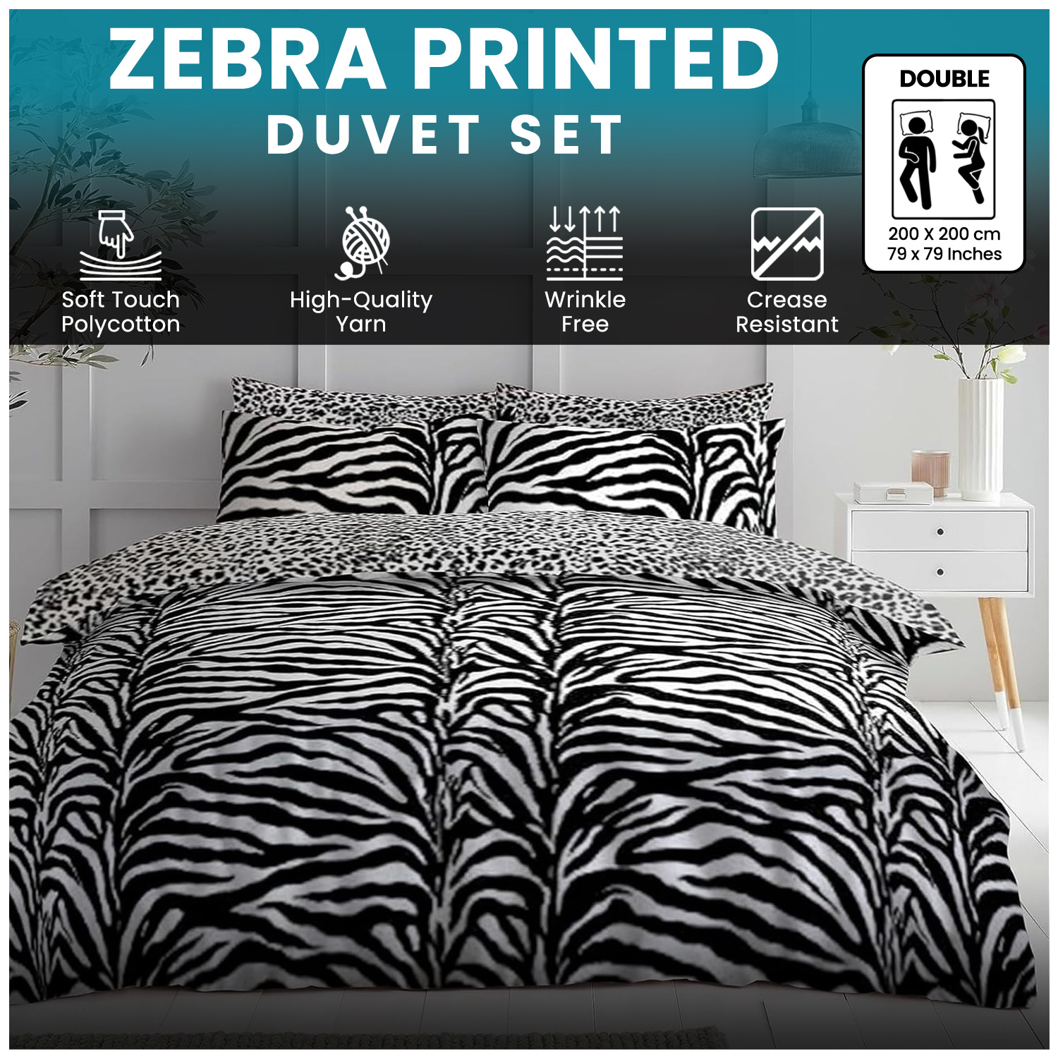 TEMU Gc Zebra Bedding Set With Duvet Cover And Pillowcases | Stylish Animal Print Bed Linen In Premium 50% 50% Cotton, , Wrinkle Free, Crease