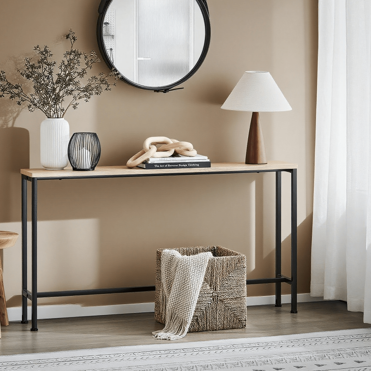 Image of 1pc Entryway Console Furniture Hallway Shelf Back Sofa – Sturdy Metal Structure, – Ideal For Living Room, Bedroom, Entryway – 120x20x65cm, Natural And Black Gtc30-f