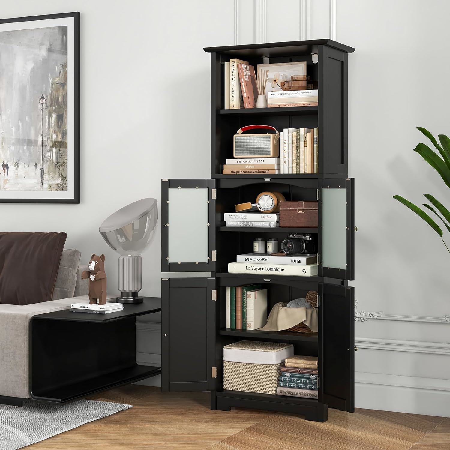 Multi-functional 64" Tall Floor Cabinet With Glass Doors, Adjustable Shelves, And Versatile Storage Options - Ideal For Bathroom, Pantry, Or Office Organization In Elegant Black Finish