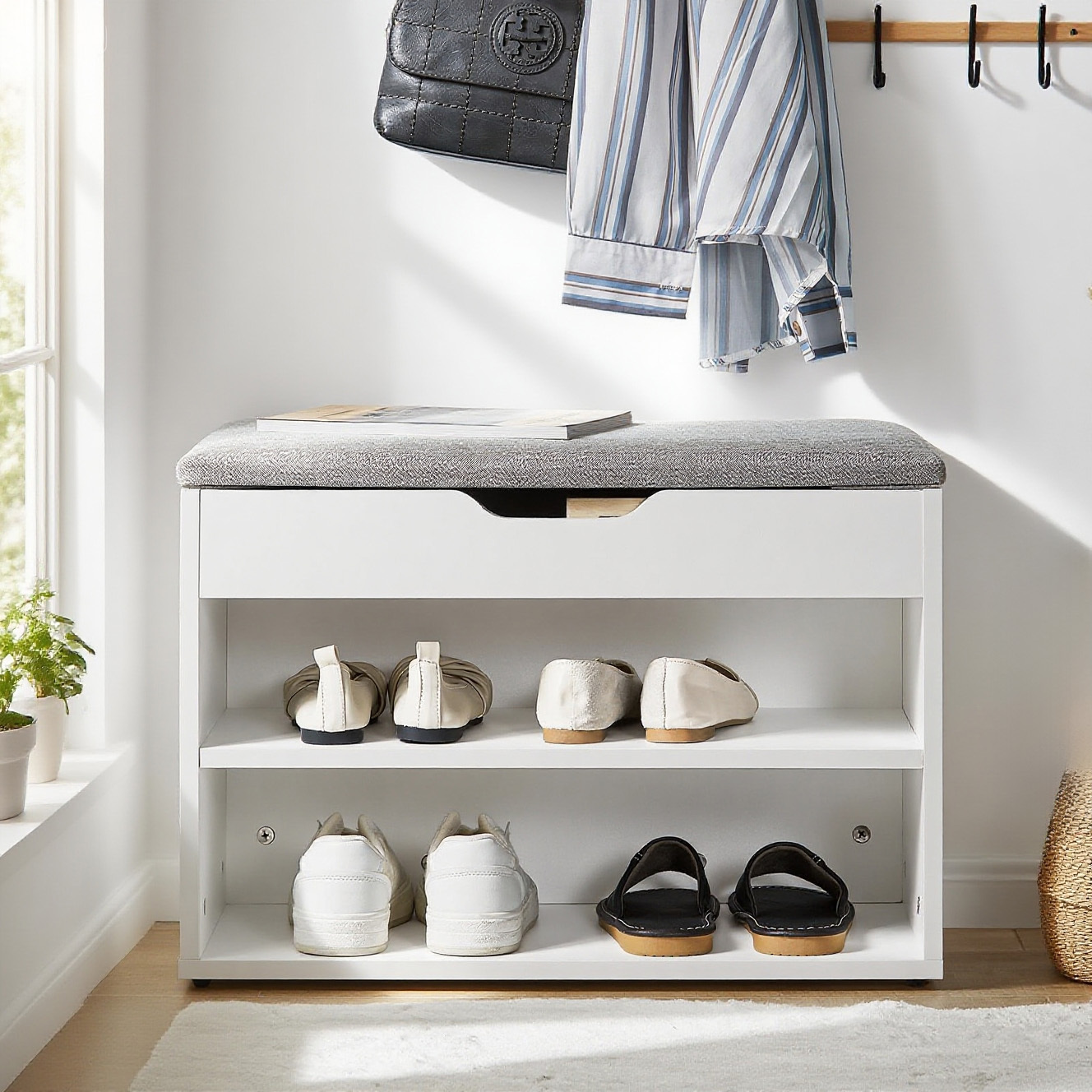 TEMU 1-piece Bench Shoe Bench Shoe Cabinet Shoe Rack With Seat, Hidden Storage Compartment, And 2 Open Compartments For Hallway, Entryway, Living