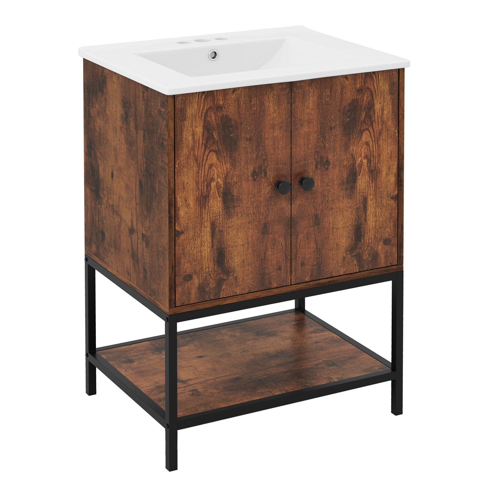 24" Bathroom Vanity With Ceramic Sink, Free Standing Modern Bathroom Cabinet W/ Undermount Basin, 2 Doors & Open Storage Shelf, Combo Stand Storage Cabinet & Square Sink Top, Rustic Brown