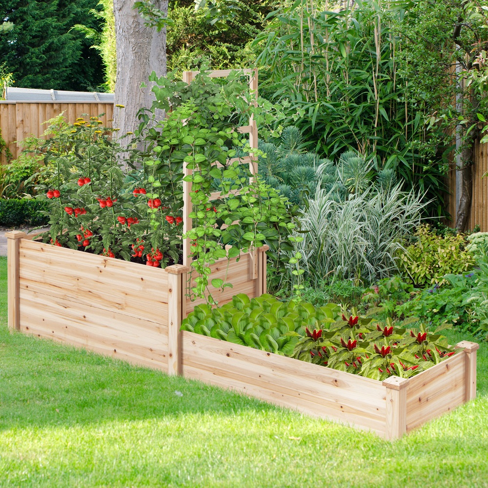 Image of Raised Garden Bed With Trellis And 2 Compartments, 53 Inches Height Fir Wood Planter Box With Open Base Design