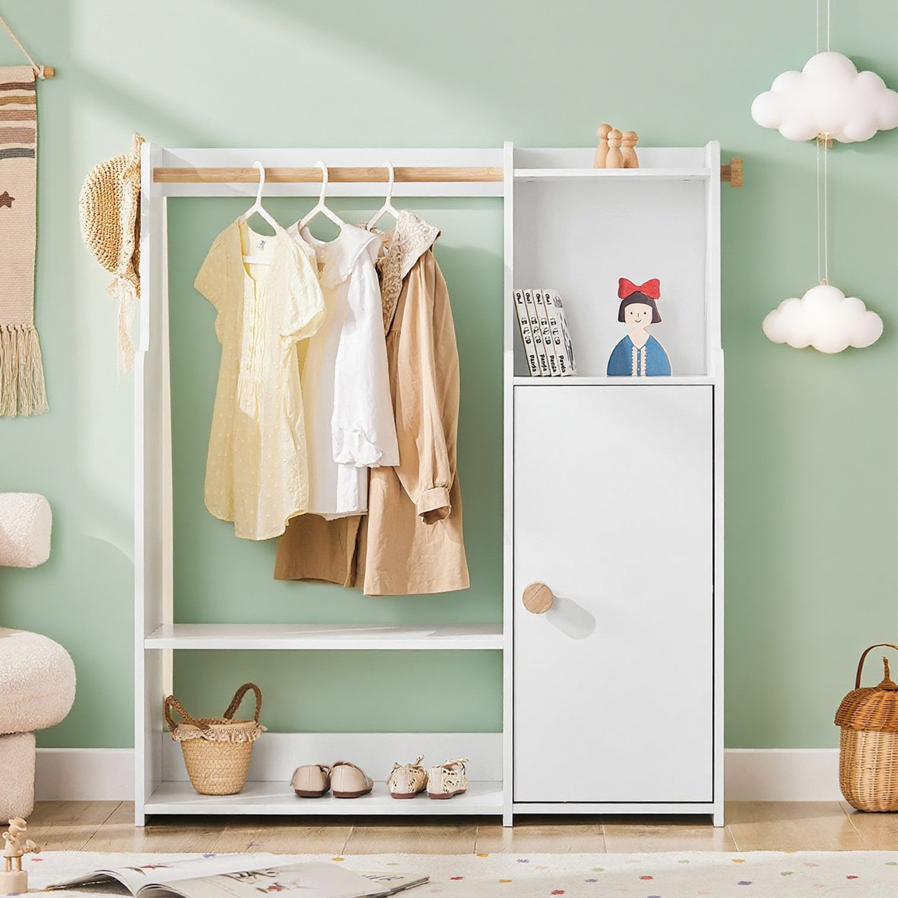 Image of 1pc Children's Wardrobe Children's Furniture Children's Shelf With 4 Open Compartments Clothes Rail Shoe Rack For Children's Room Playroom Kindergarten Children White 94x110x35 Cm Sobuy - Lnc221-x